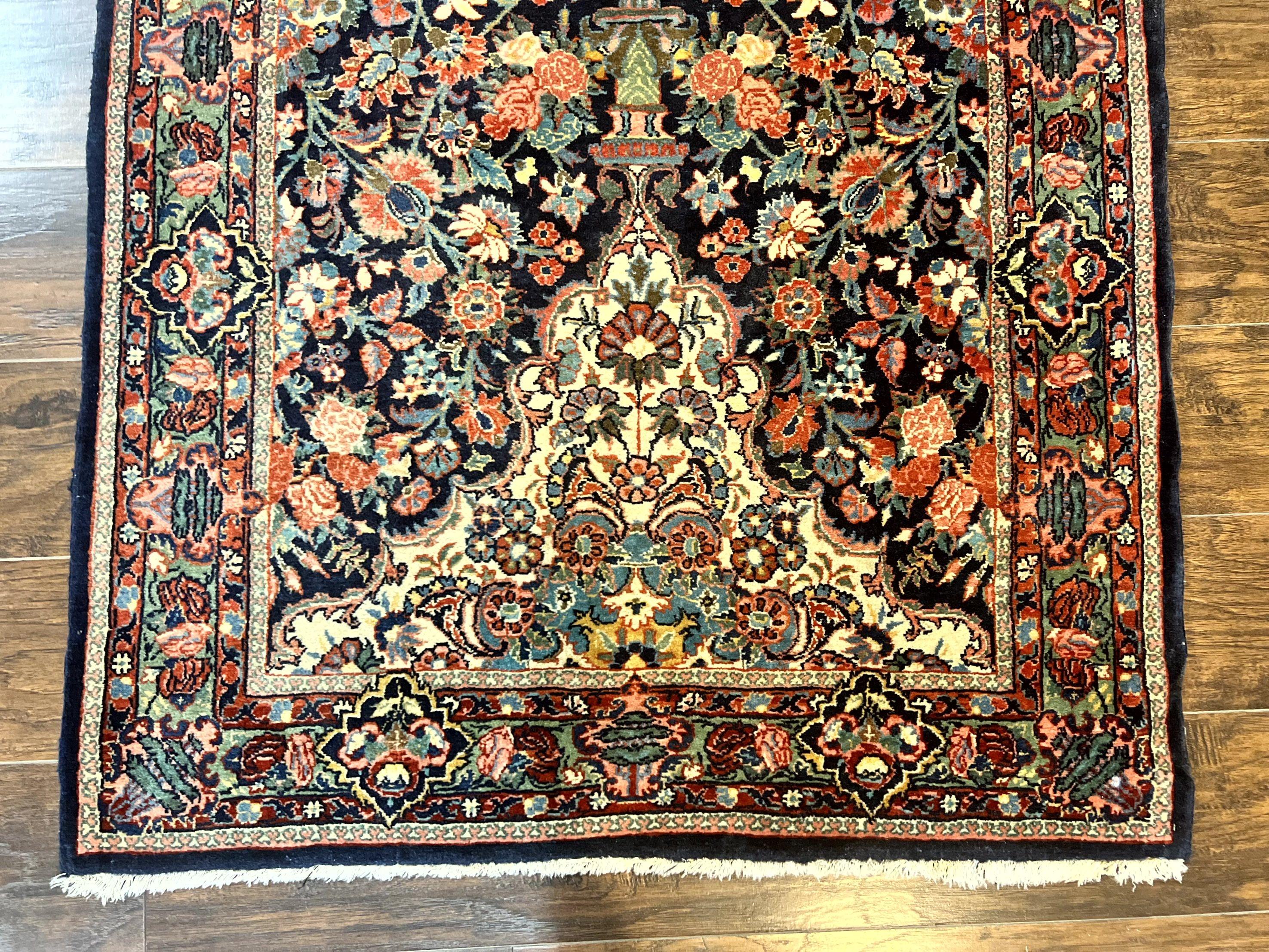 Persian Saoruk Rug 4x5, Navy Blue and Red, Floral, Antique Persian Wool Carpet, Handmade