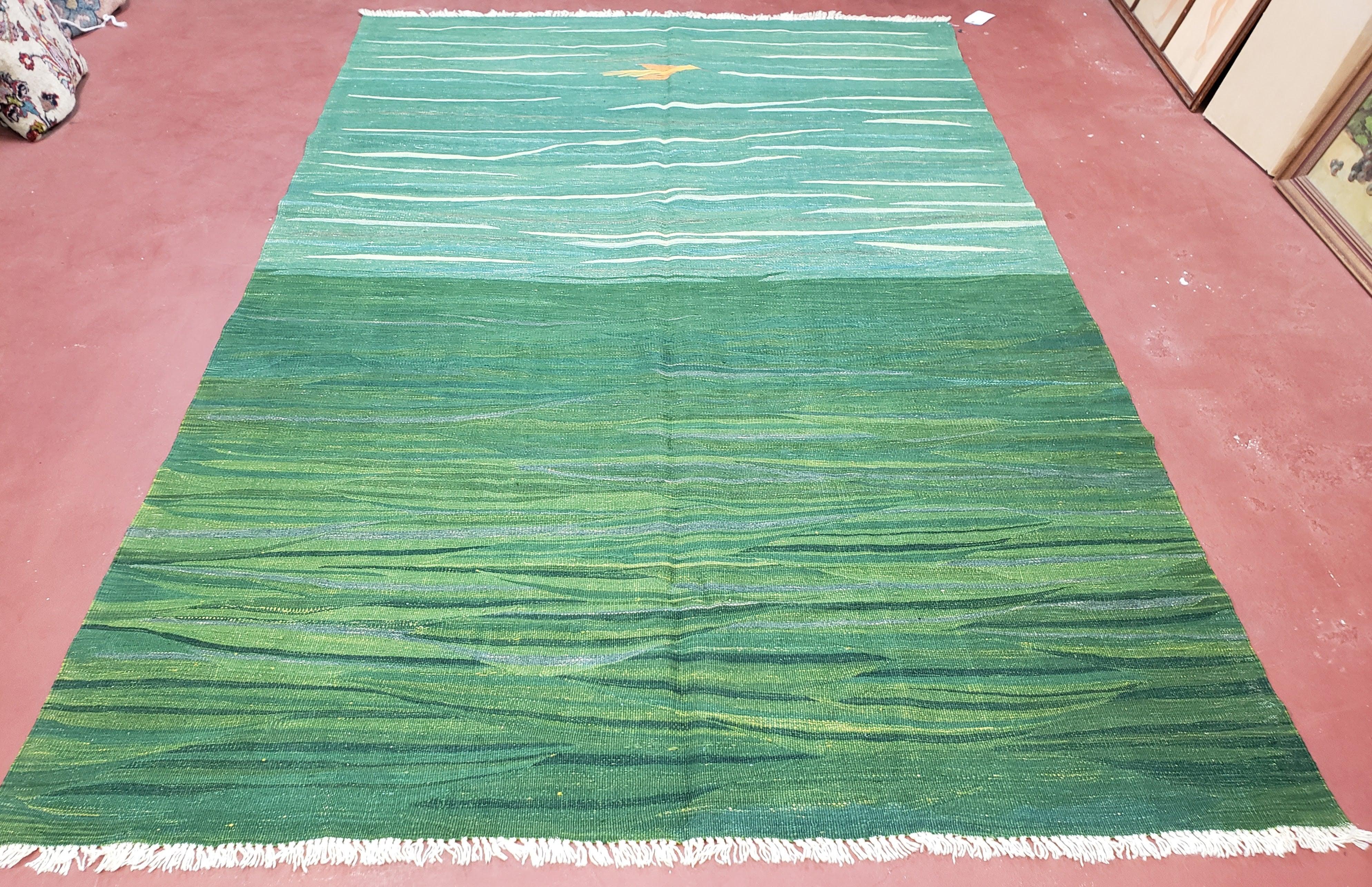 Green Turkish Kilim Rug, 6x9 - 7x10 Rugs, Bird, Handmade New Area Rug, Wool, Bohemian Boho Decor, Hand Woven, Modern Abstract Flat Weave Rug