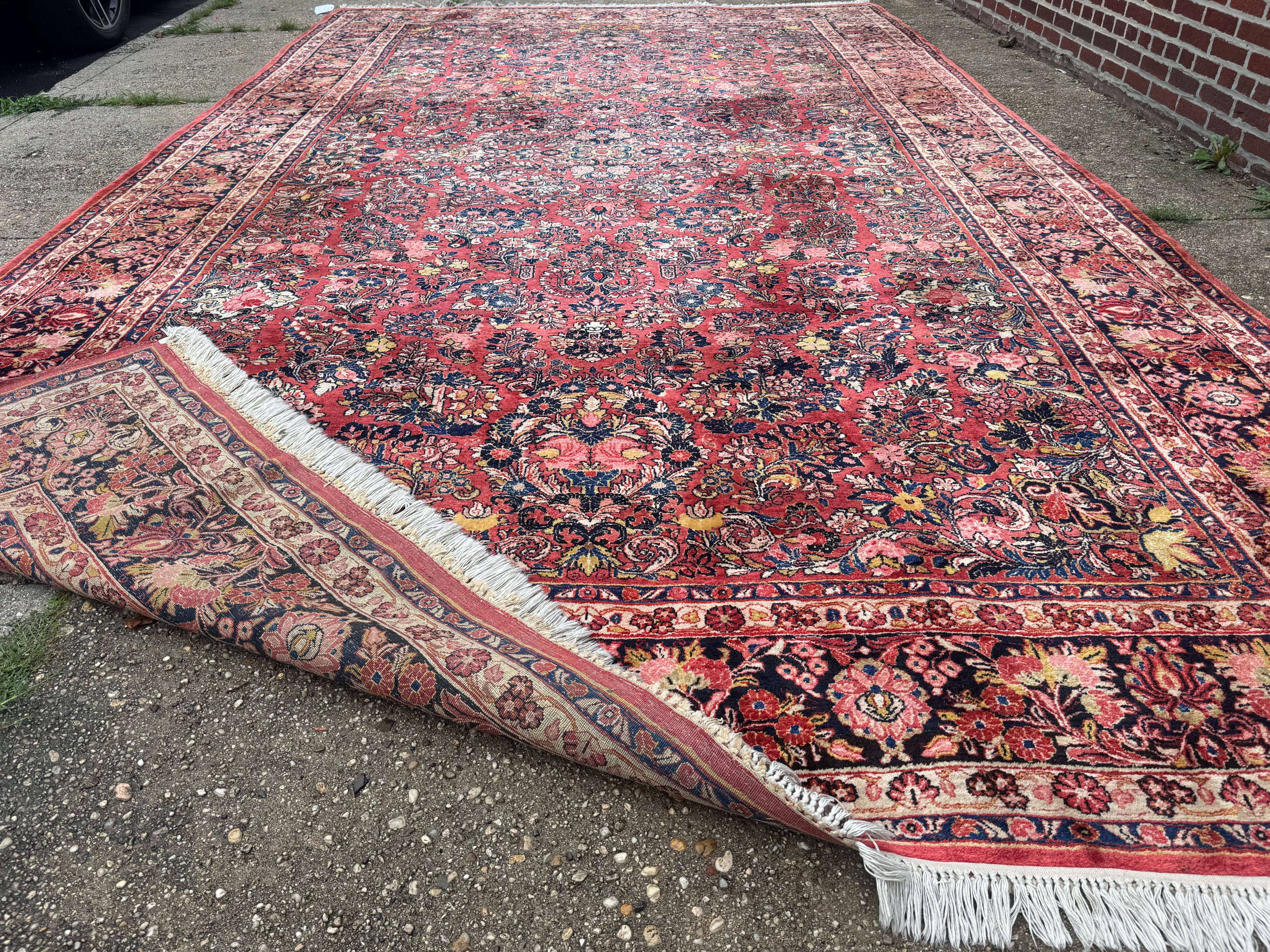 Large Antique Persian Sarouk Rug 11x18, Red, Floral Allover, Palace Size Wool Handmade Carpet