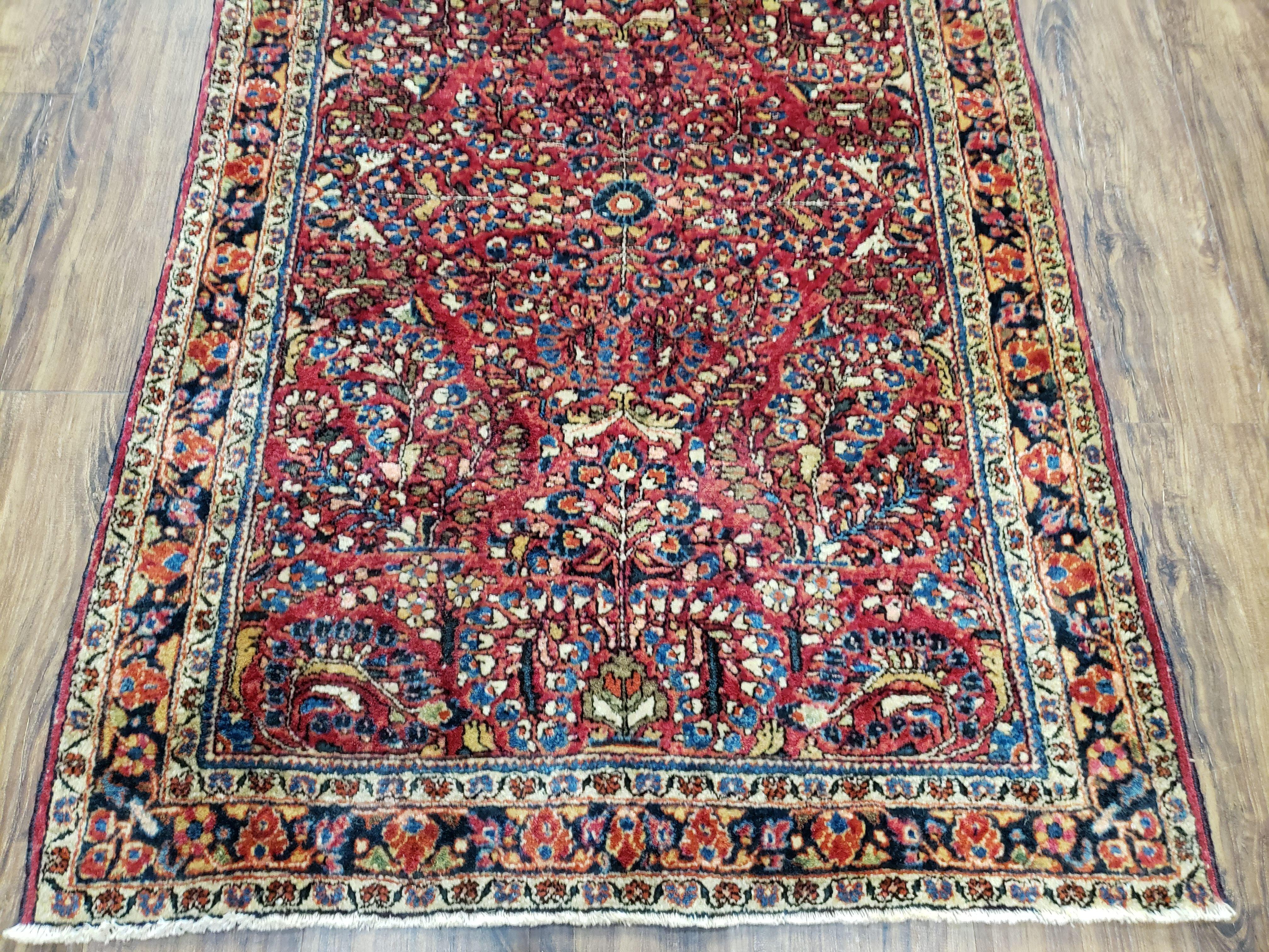 Antique Persian Sarouk Rug, Red, Allover Floral Pattern, Hand-Knotted, Wool, 3'4" x 4'10"