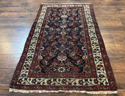 Navy Blue Antique Persian Rug 3x6, Blue and Ivory Persian Carpet, Handmade 1920s Hamadan Rug