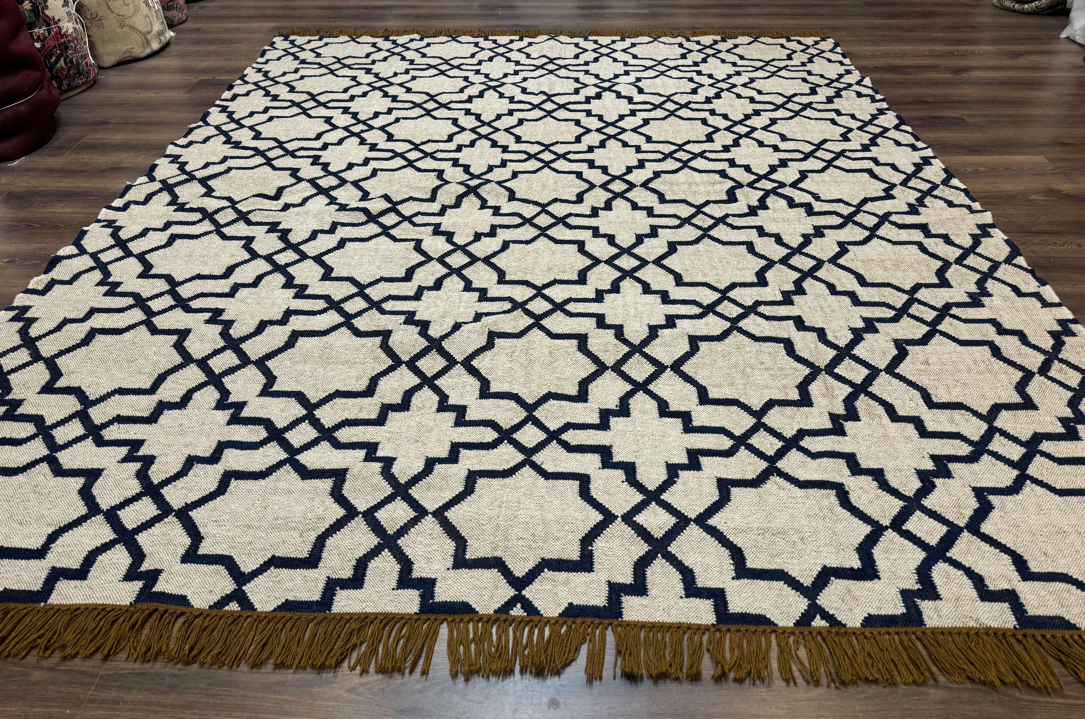 Indian Kilim Rug 8x10, Oat and Navy Blue, Dhurrie Carpet, Handmade, Wool