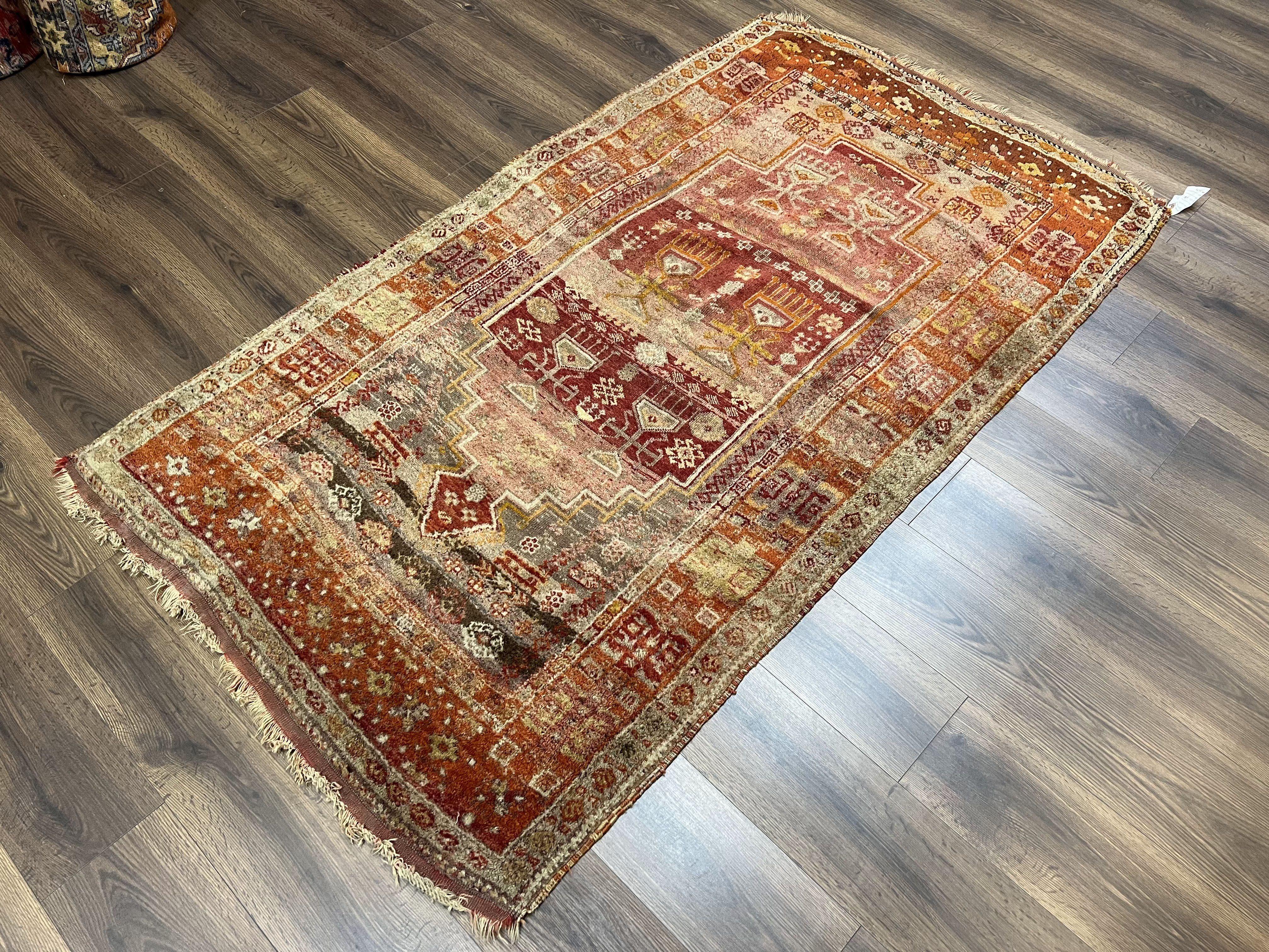 Antique Turkish Melas Rug 4x7, Tribal Geometric Unique Collectible Hand Knotted Wool Oriental Carpet, Rare 1920s Rug, Burnt Orange Red