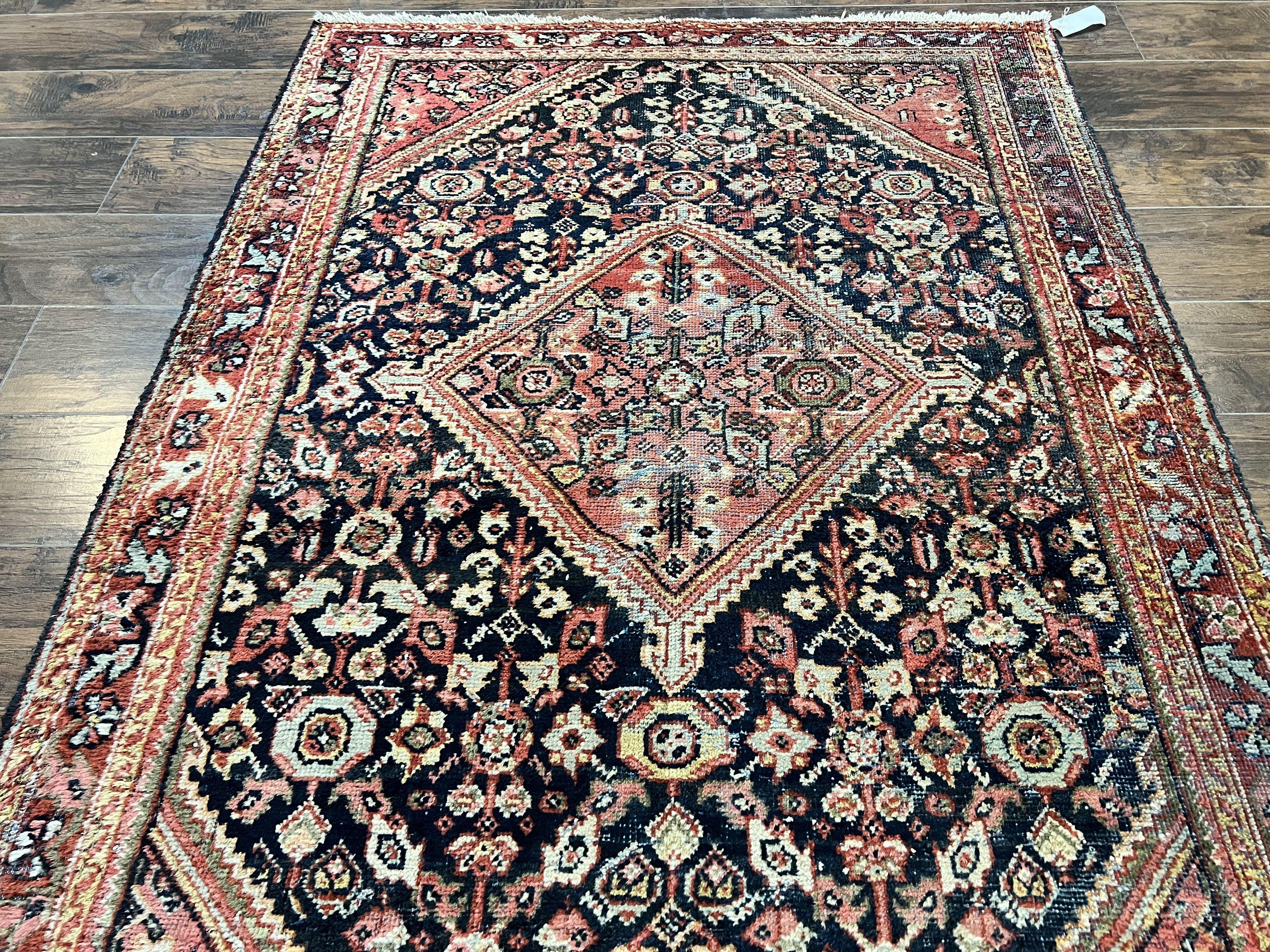 Antique Persian Mahal Rug 4x7, Wool Hand Knotted Tribal Geometric Carpet