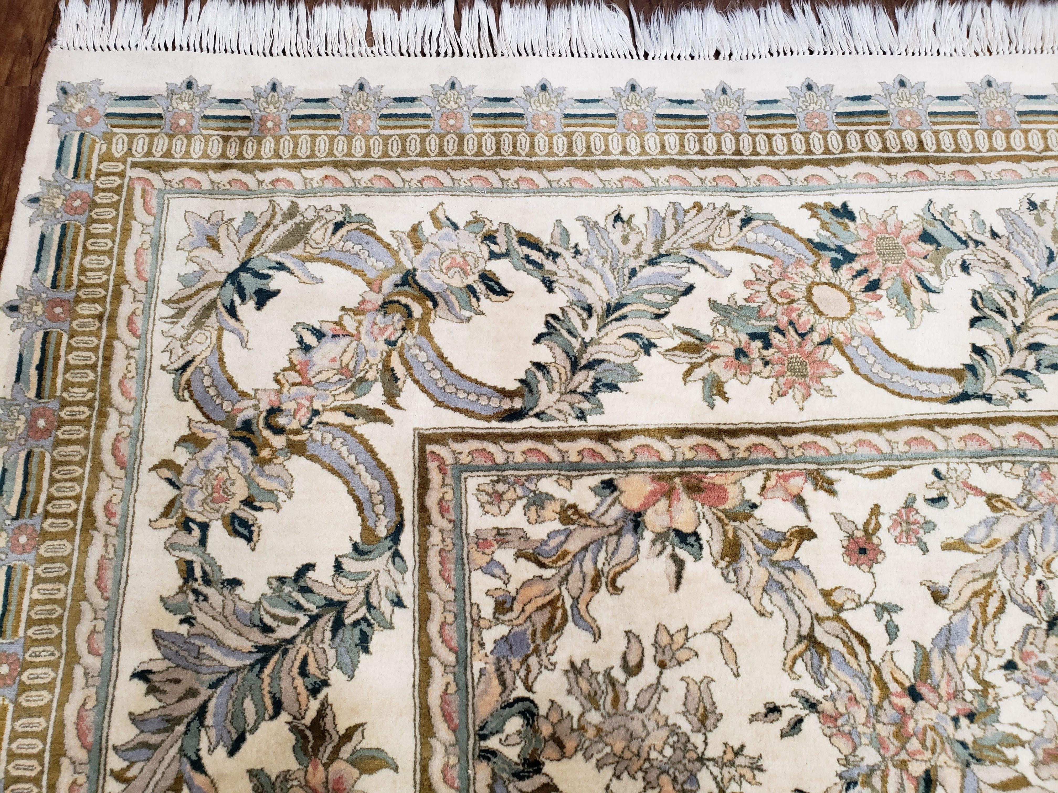 Pak Persian Floral Rug 11 x 12.6, Ivory, Very Fine, Hand Knotted