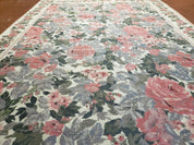 5x8 Needlepoint Rug 5' 4" x 8' 3" Wool Flat Weave Floral New Unused Carpet English Design Ivory Large Pink Flowers Green Leaves Hand-Knotted