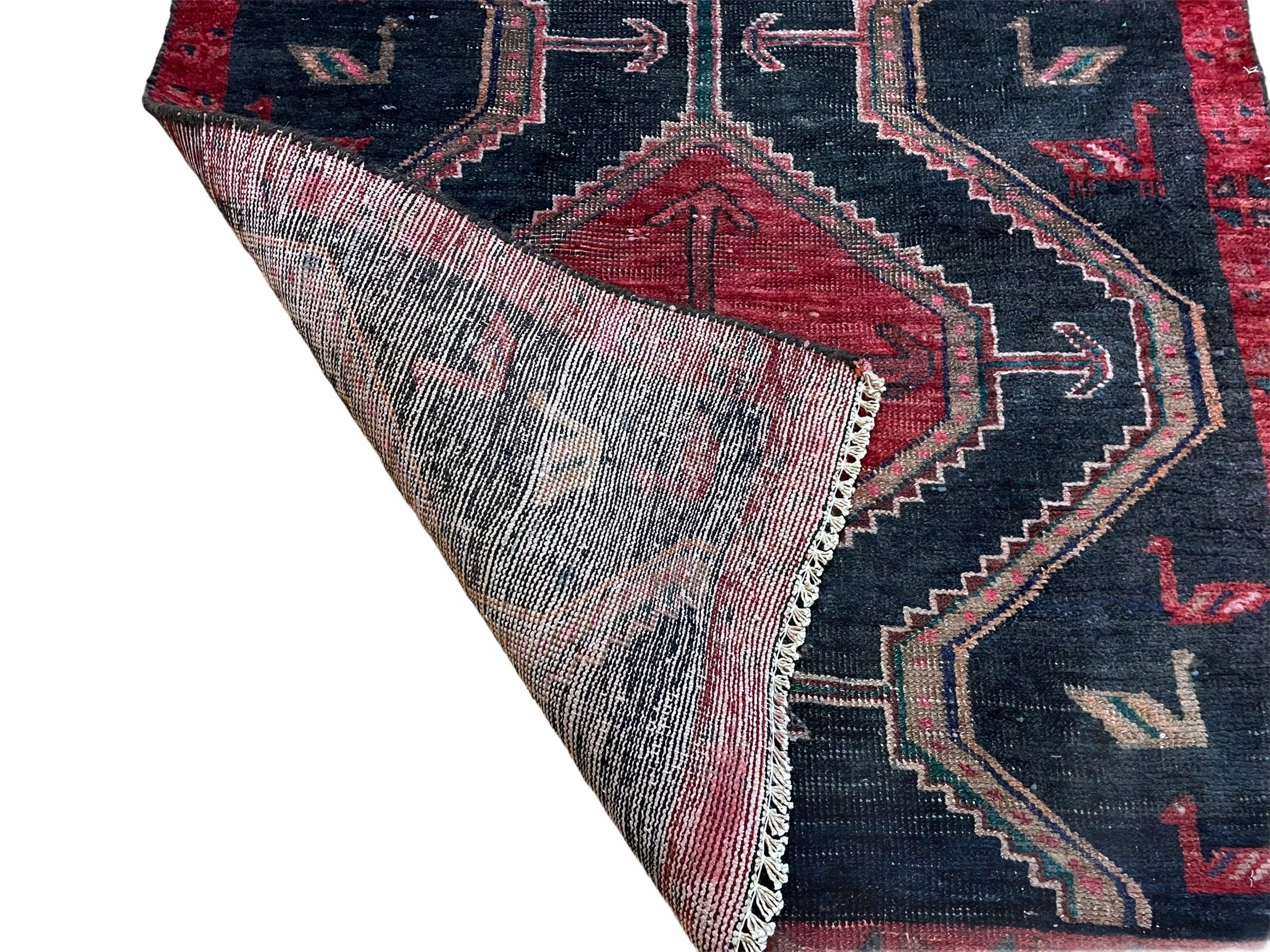 3 X 7 Handmade Wool Tribal Runner Rug Geometric Red Blue Boho Organic Dyes