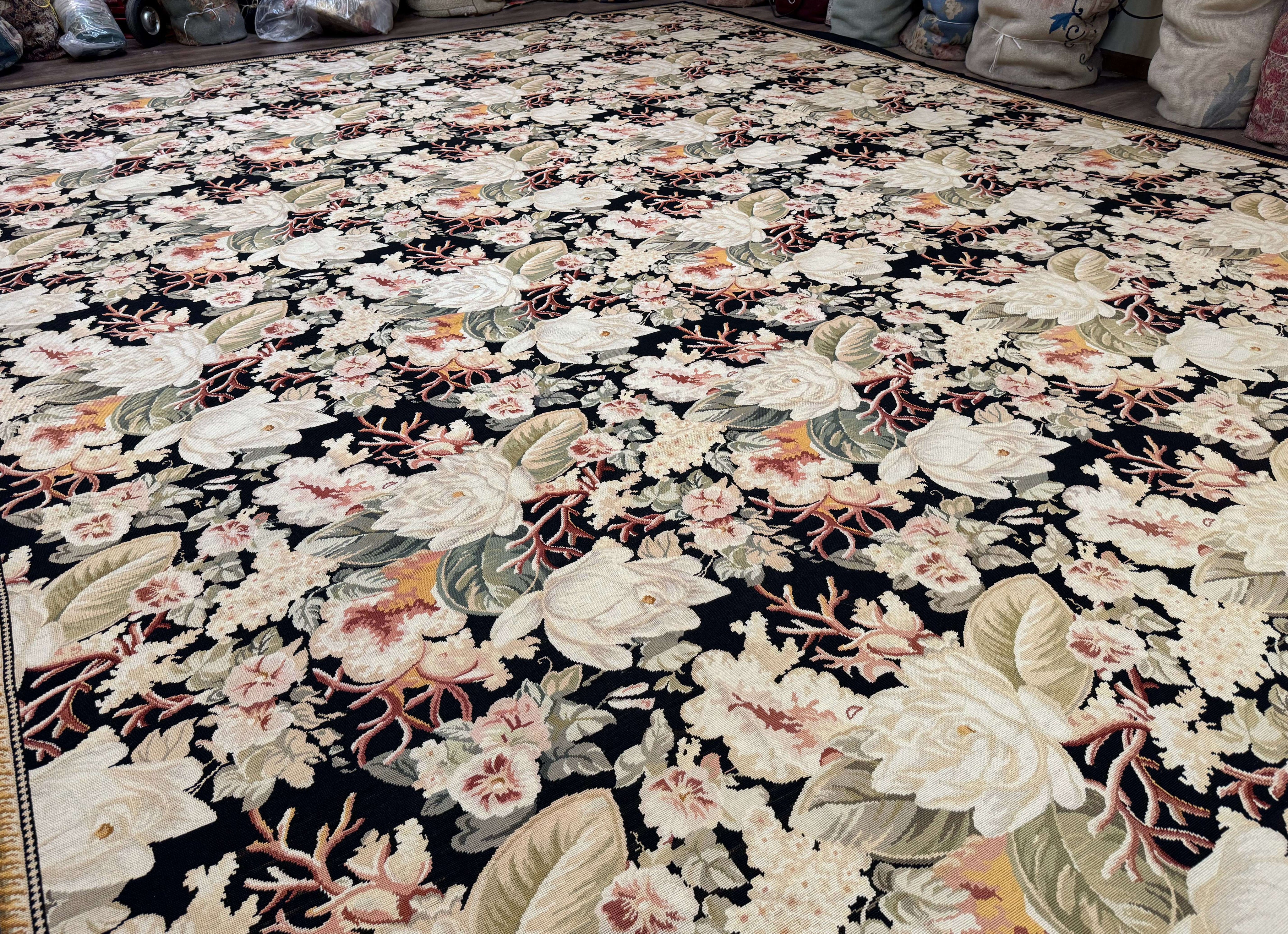 Palace Size Needlepoint Rug 13x17, Extra Large Wool Floral Handmade Carpet, European Design, Botanical