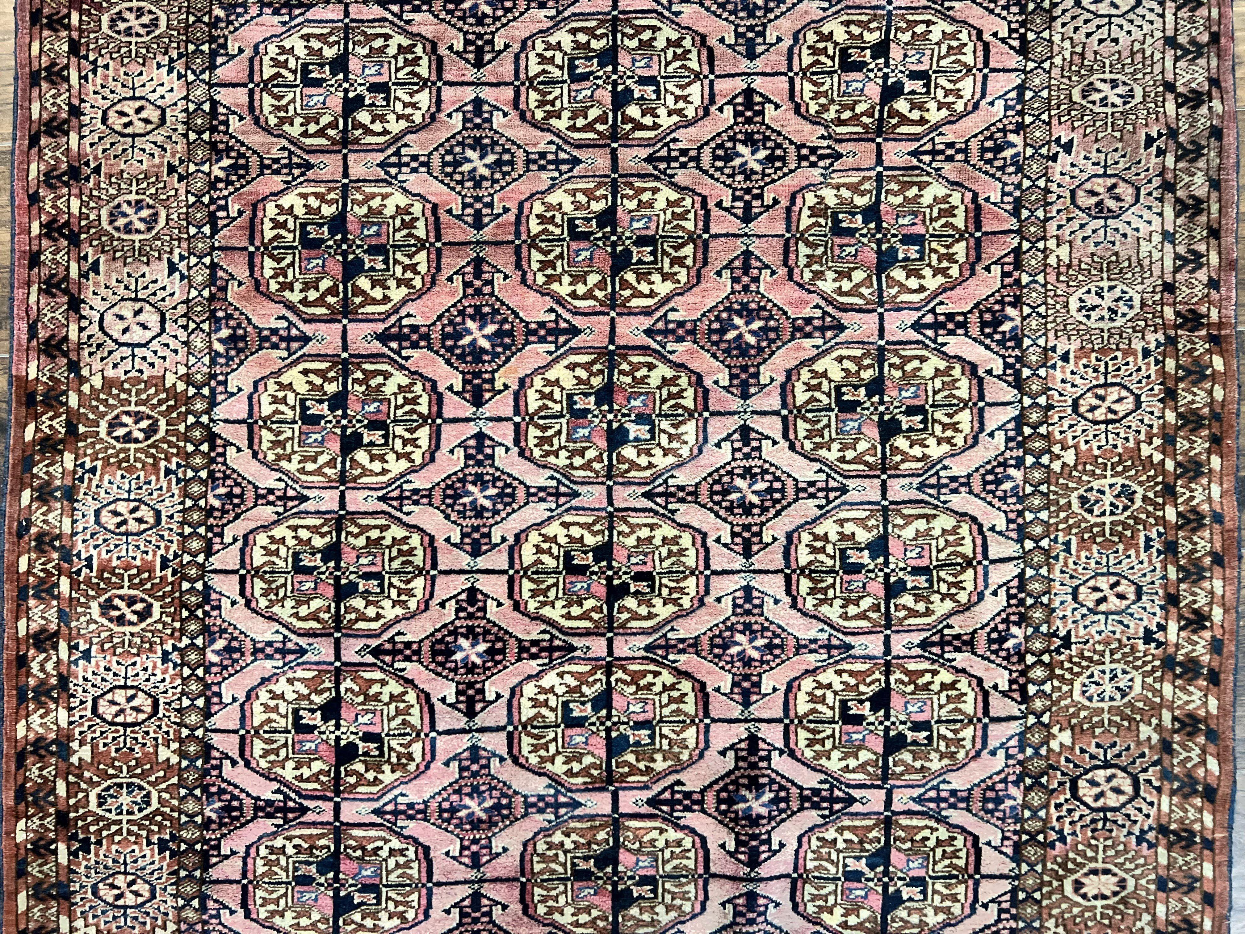 Persian Turkoman Rug 4x6, Wool Hand Knotted Antique Bokhara Carpet, Red Pink, Handmade Tribal Oriental Rug 4 x 6 ft