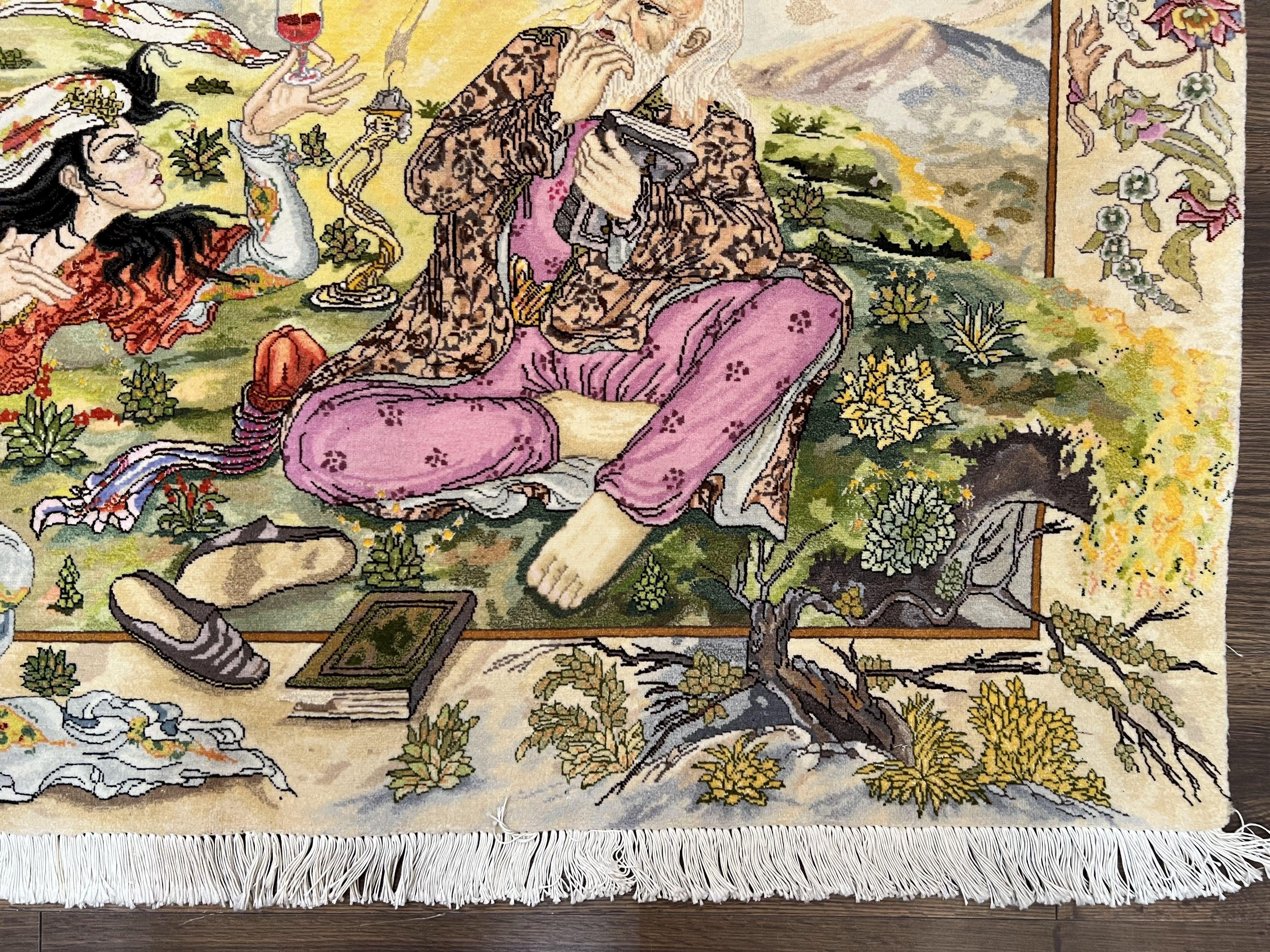 Persian Tabriz Pictorial Rug 5x3, Hafez Poetry In Border, Very Fine Hand Knotted Carpet, Wall Hanging Wool Oriental Carpet 3x5, Highly Detailed