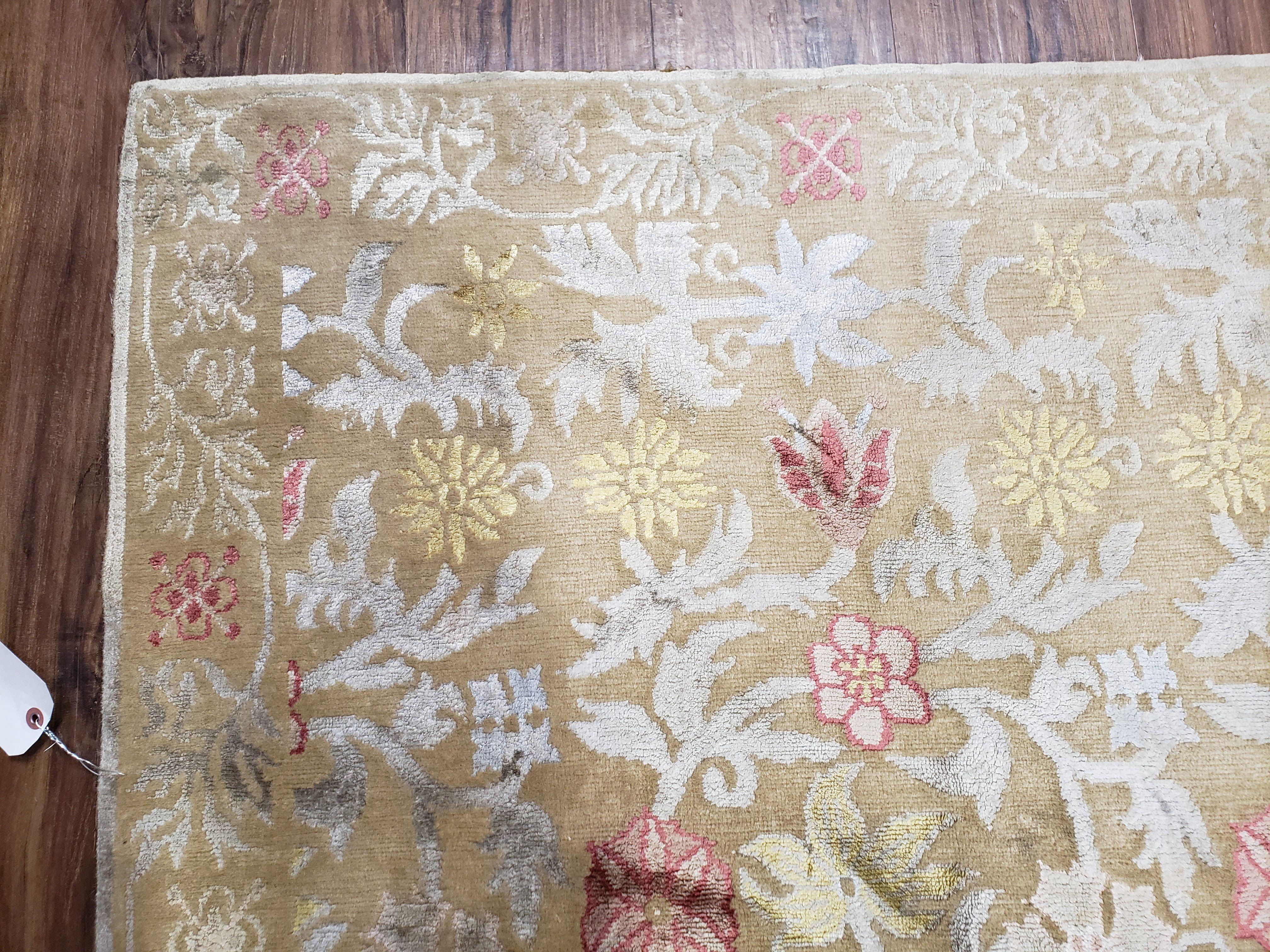 Modern Tibetan Rug 6x9, Wool and Silk Tibetan Rug, Handmade Tibetan Rug, Silk Flowers, Contemporary Rug, Soft Rug, Tibetan Area Rug, Tan