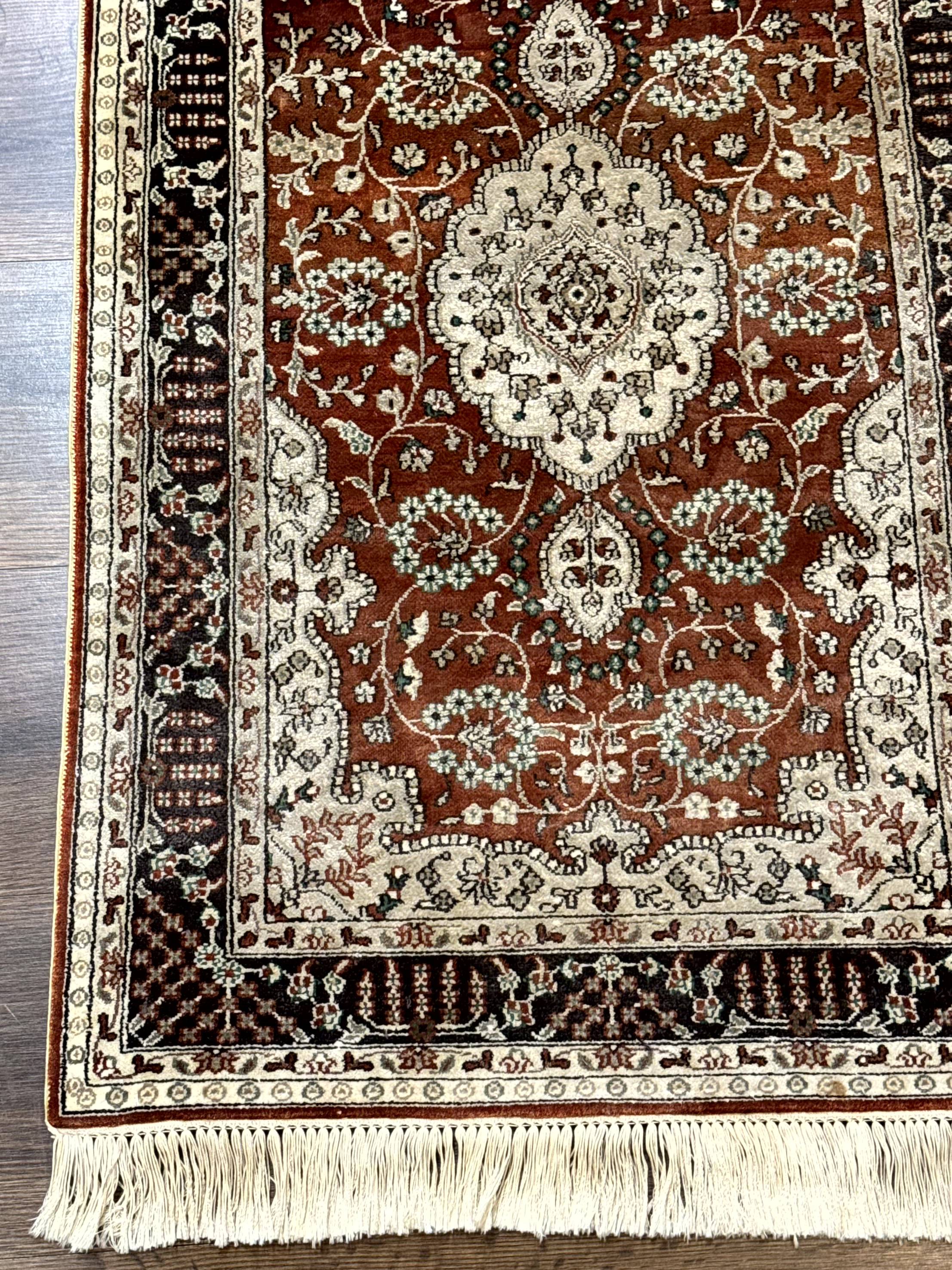 Turkish Silk Narrow Runner Rug 2 x 5.8, Very Fine 340 KPSI, Floral Medallions, Red