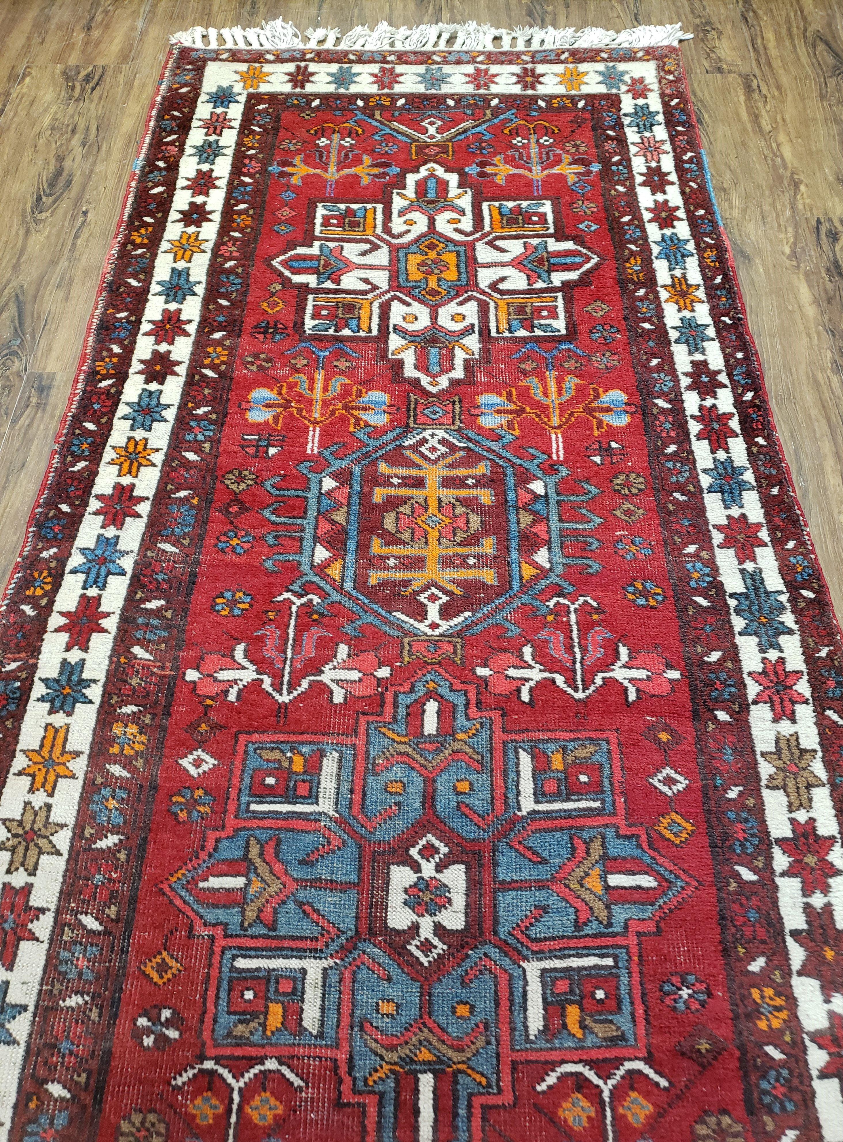 Antique Persian Heriz Karajeh Runner Rug, Red, Hand-Knotted, Wool, 3' 3" x 10' 11"