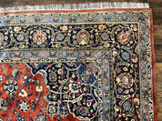 Red Persian Kashan Rug 10x14, Hand-Knotted Semi Antique Floral Medallion Handmade Wool Carpet, Red & Navy Blue