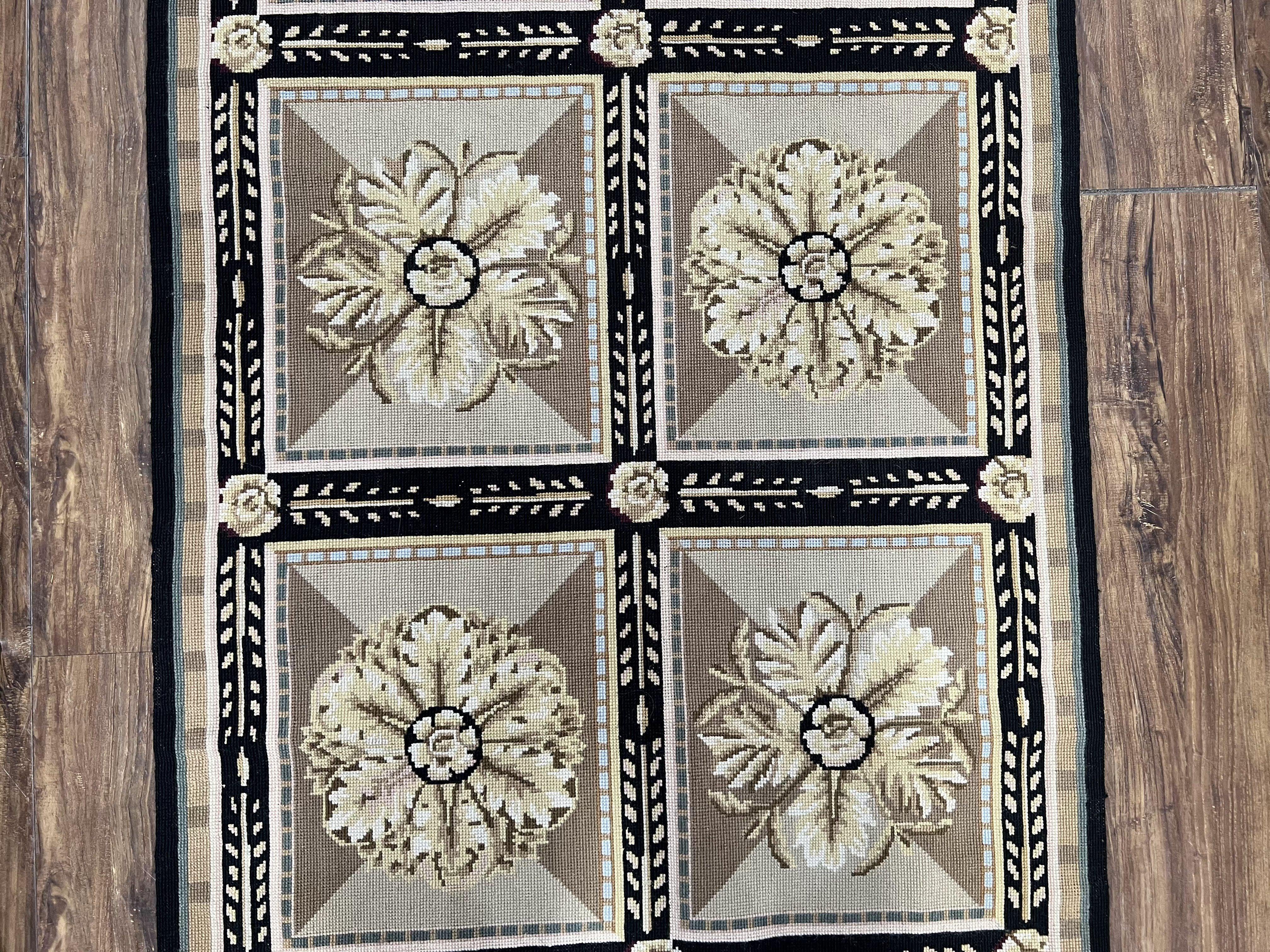 Needlepoint Runner Rug 3x8 Panel Design Rug, Flatweave Runner Rug, English Design, Floral, Short Runner Rug, Black and Beige Wool Hand-Woven