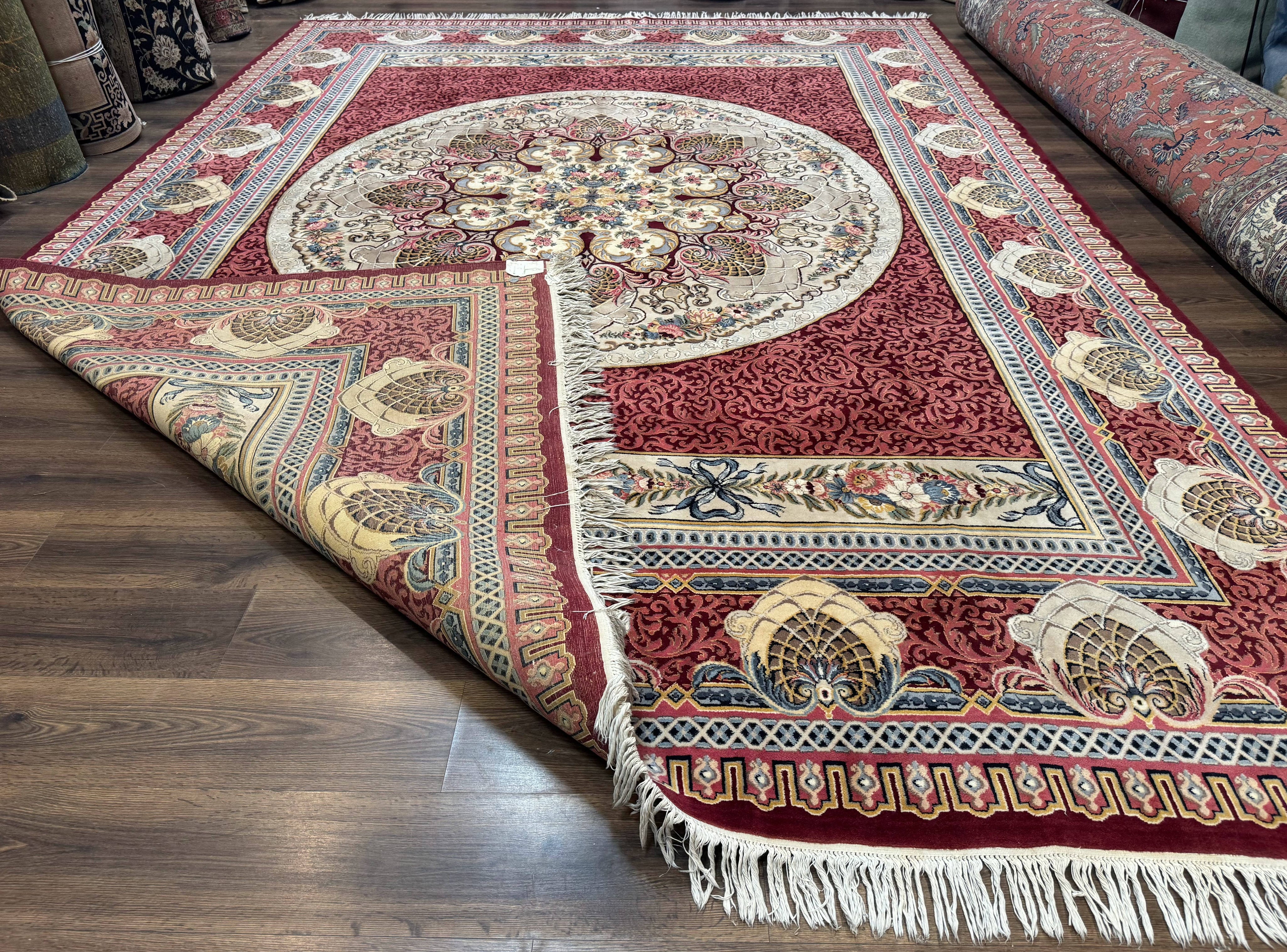 Wonderful Aubusson Rug 10x14, Red Maroon, Elegant, Fine 200 KPSI