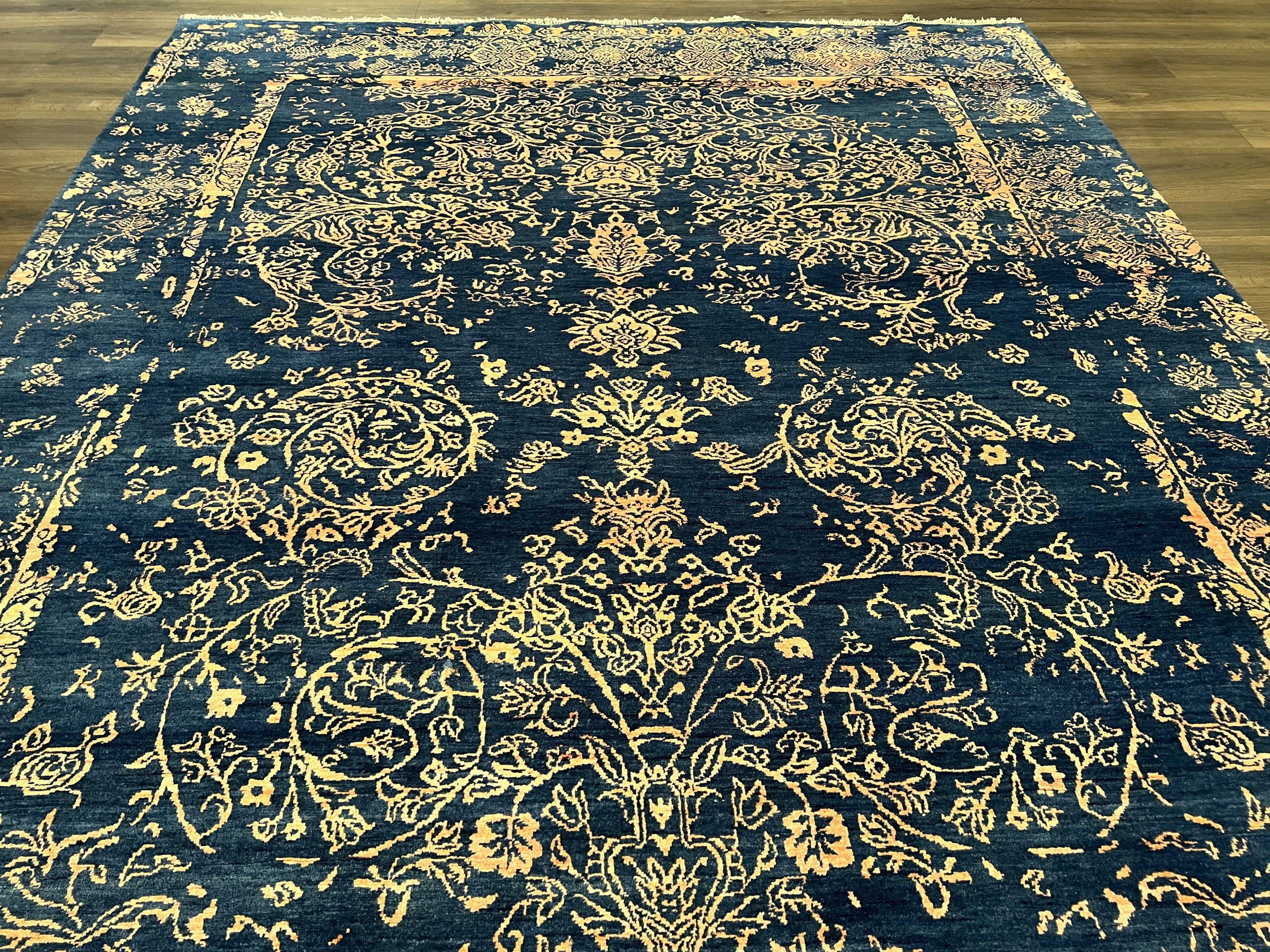 Area Rug 8x10 High Quality Handmade Oriental Carpet, Modern Contemporary Rug, Rug for Living Room, Wool Rug, Blue and Gold, Pakistani Rug