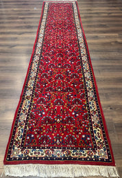 Indo Persian Sarouk Runner Rug 3 x 12, Red and Cream, Allover Pattern, 12ft Runner, Hand Knotted