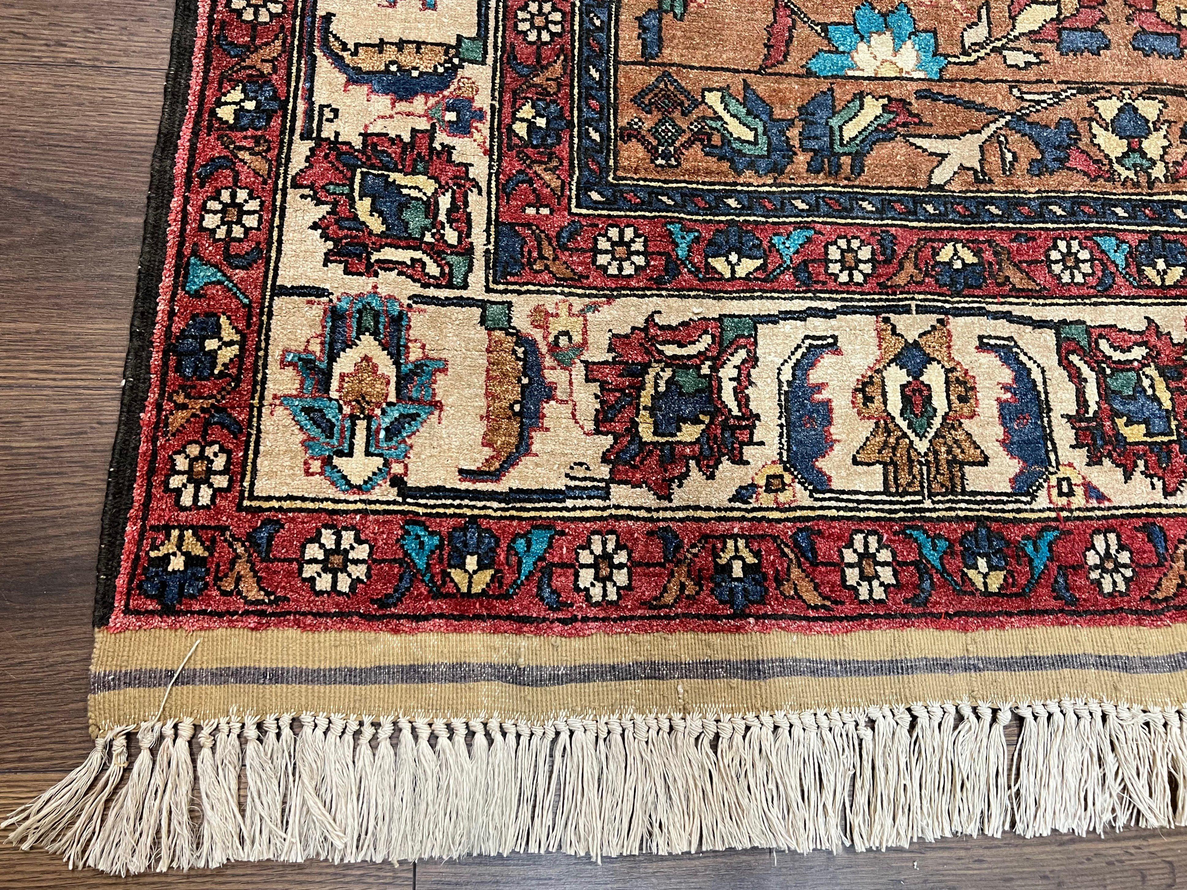 Unique Afghan Silk Rug 4x6, Hunting Pattern Animal Motifs, Light Brown and Cream, Persian Handwritten Poetry, Fine 1940s Oriental Carpet Wow