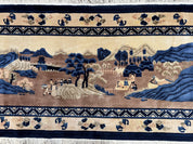 Antique Chinese Pictorial Rug 2.7 x 5, Chinese Village and Hills Carpet, Beige and Dark Blue, Handmade, Horizontal Rug Wall Hanging Tapestry