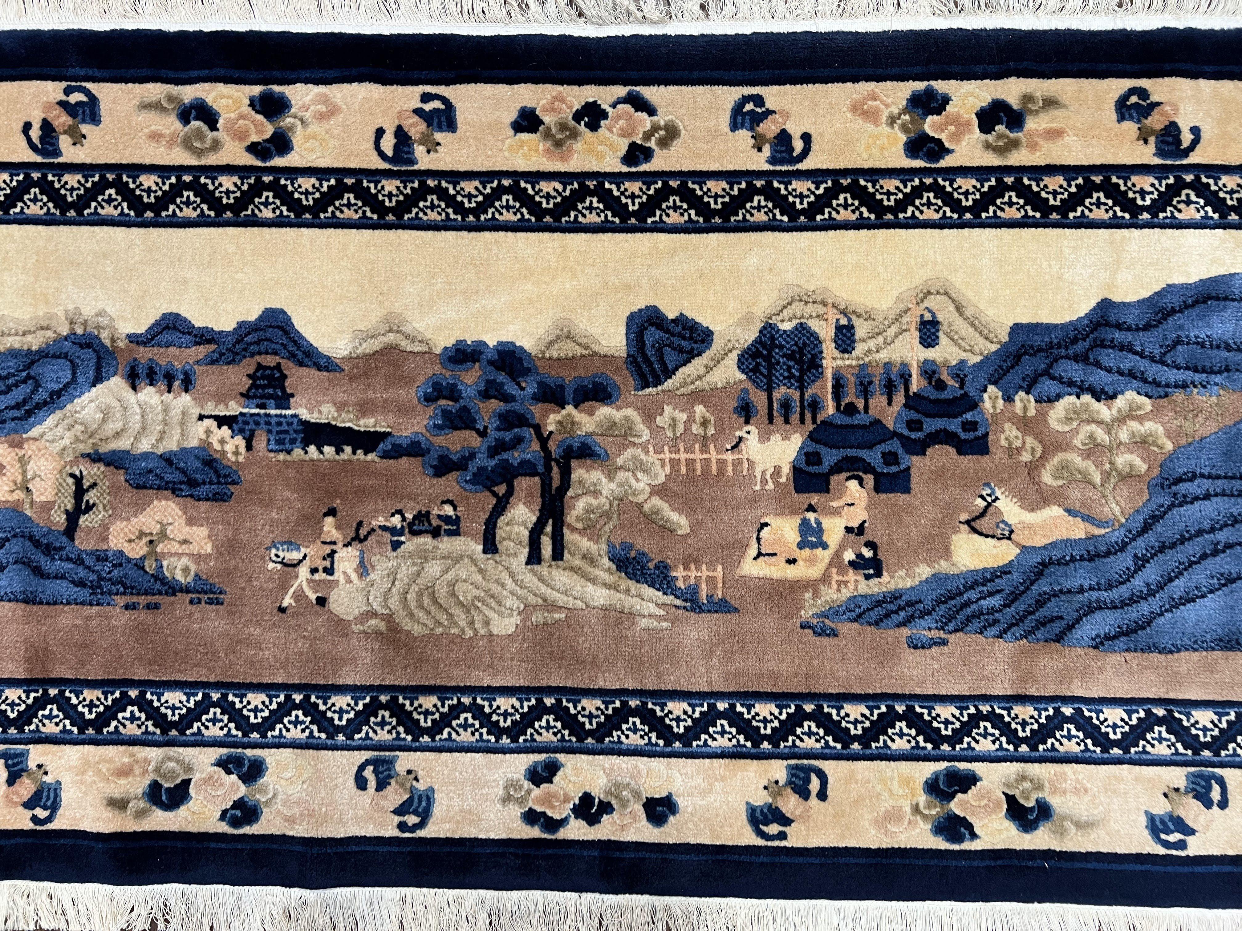 Antique Chinese Pictorial Rug 2.7 x 5, Chinese Village and Hills Carpet, Beige and Dark Blue, Handmade, Horizontal Rug Wall Hanging Tapestry