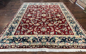 Indo Persian Rug 8x10, Floral Allover with Bird Pictorials, Maroon and Navy Blue, Handmade Wool Area Rug