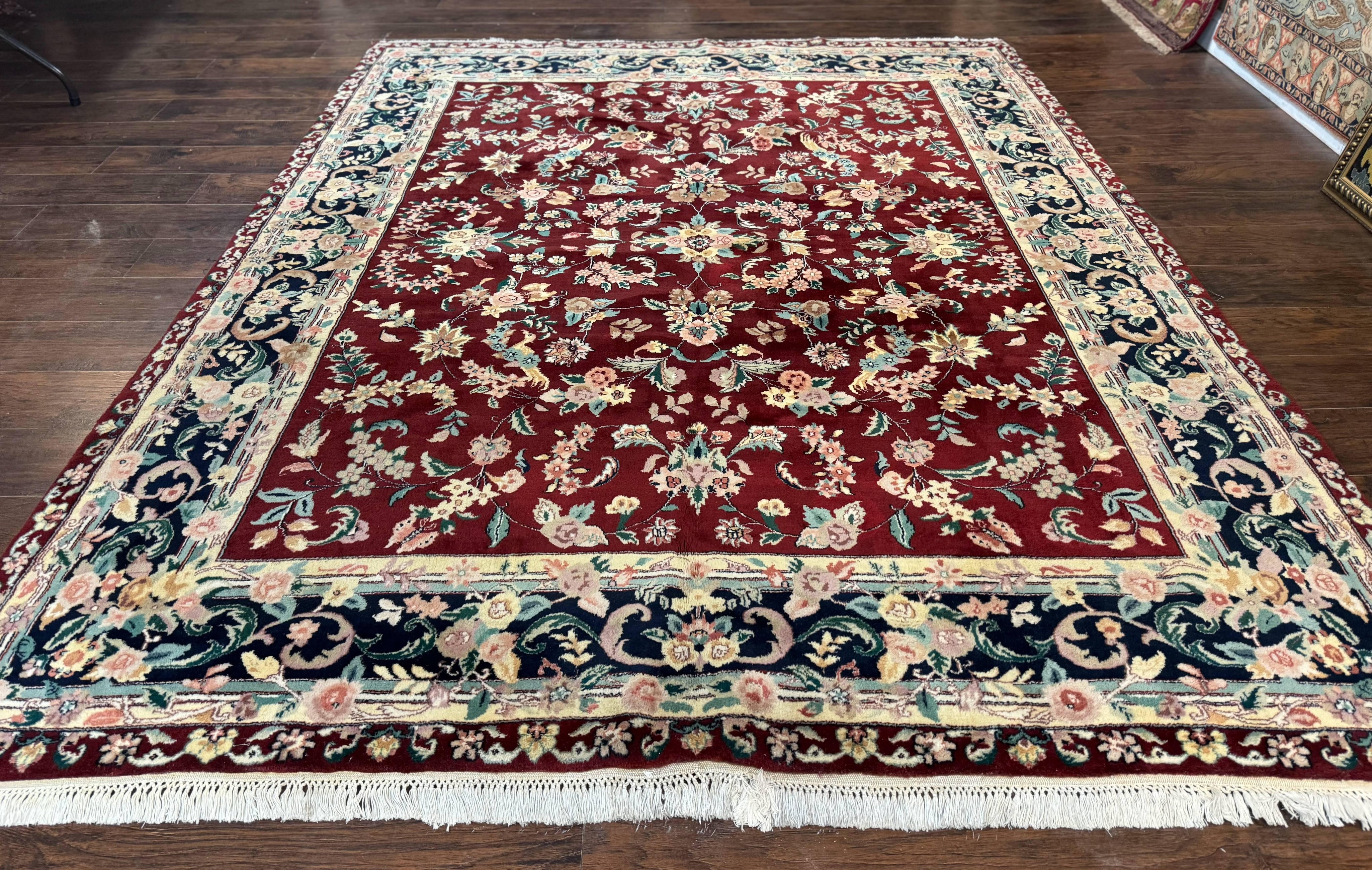 Indo Persian Rug 8x10, Floral Allover with Bird Pictorials, Maroon and Navy Blue, Handmade Wool Area Rug