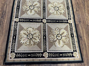 Needlepoint Runner Rug 3x8 Panel Design Rug, Flatweave Runner Rug, English Design, Floral, Short Runner Rug, Black and Beige Wool Hand-Woven