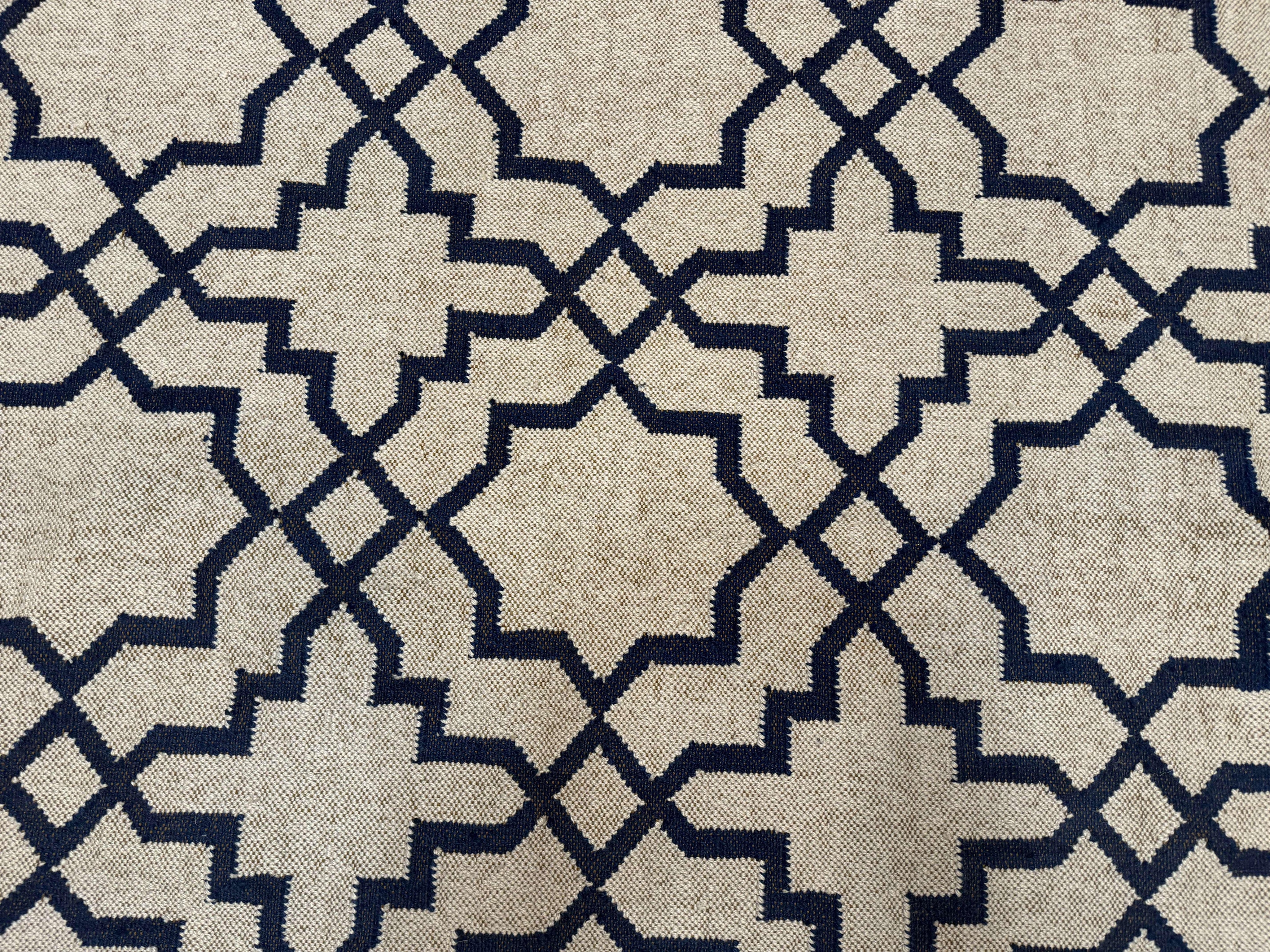 Indian Kilim Rug 8x10, Oat and Navy Blue, Dhurrie Carpet, Handmade, Wool