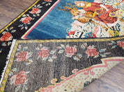 Antique Persian Pictorial Rug 4'6" x 9', Wool Hand-Knotted Blue Roses Karabagh Caucasian Carpet, 1920s Girl Deer Tapestry Wall Hanging Rug