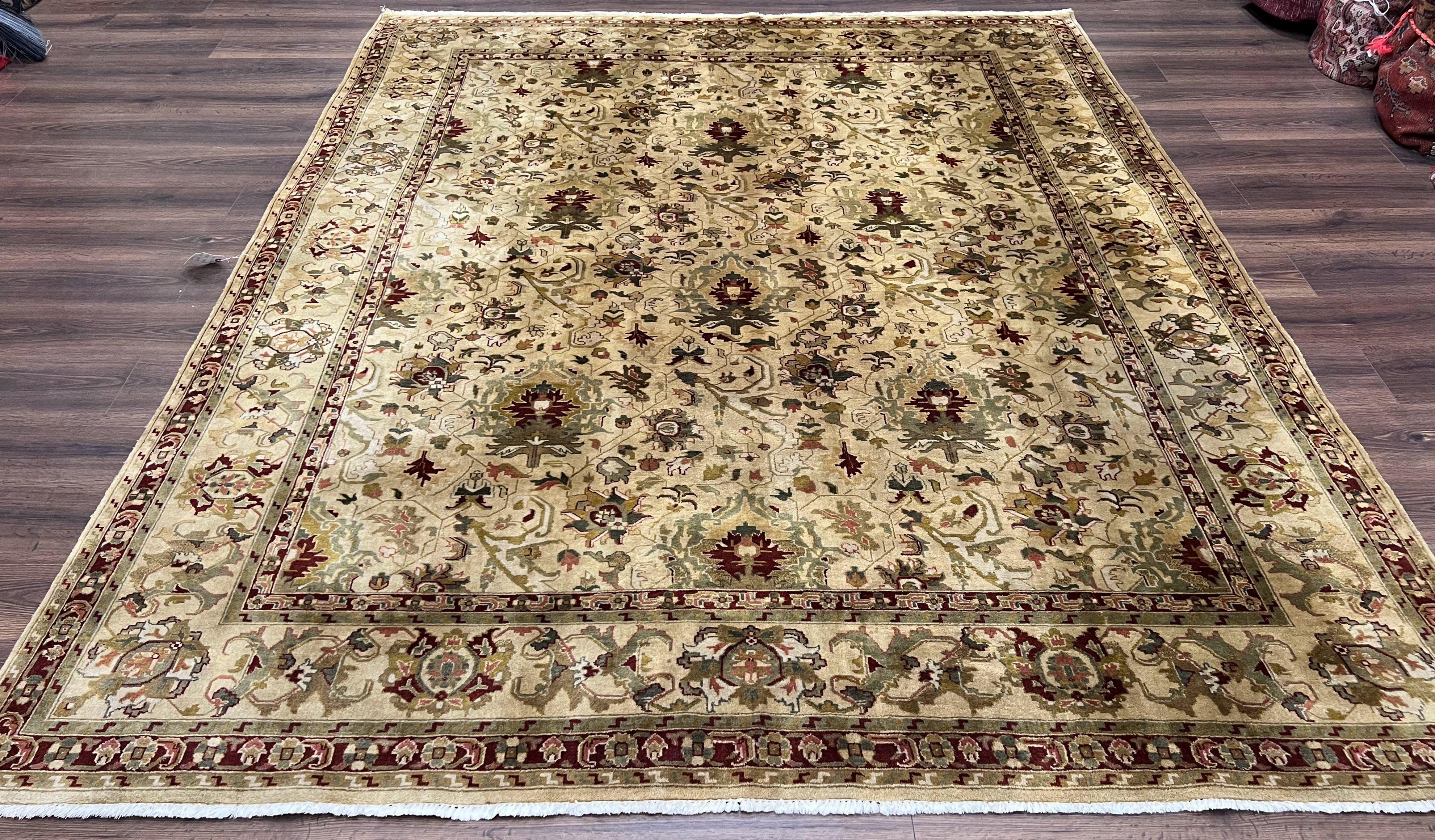 Indian Mahal Rug 8x10, Allover Floral Mahal Oriental Carpet 8 x 10, Handmade Hand Knotted Wool Rug, Indo Persian Area Rug, Tea-Washed Tan