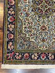 Persian Qum Rug 3x5, Wool with Silk Highlights, Handmade Semi Antique Carpet, Ivory & Navy Blue, Floral Medallion, Finely Hand Knotted