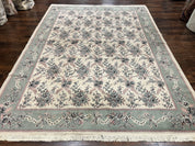 Belgium Power Loomed Rug 8x11, Ivory and Green, Wool Carpet, Floral