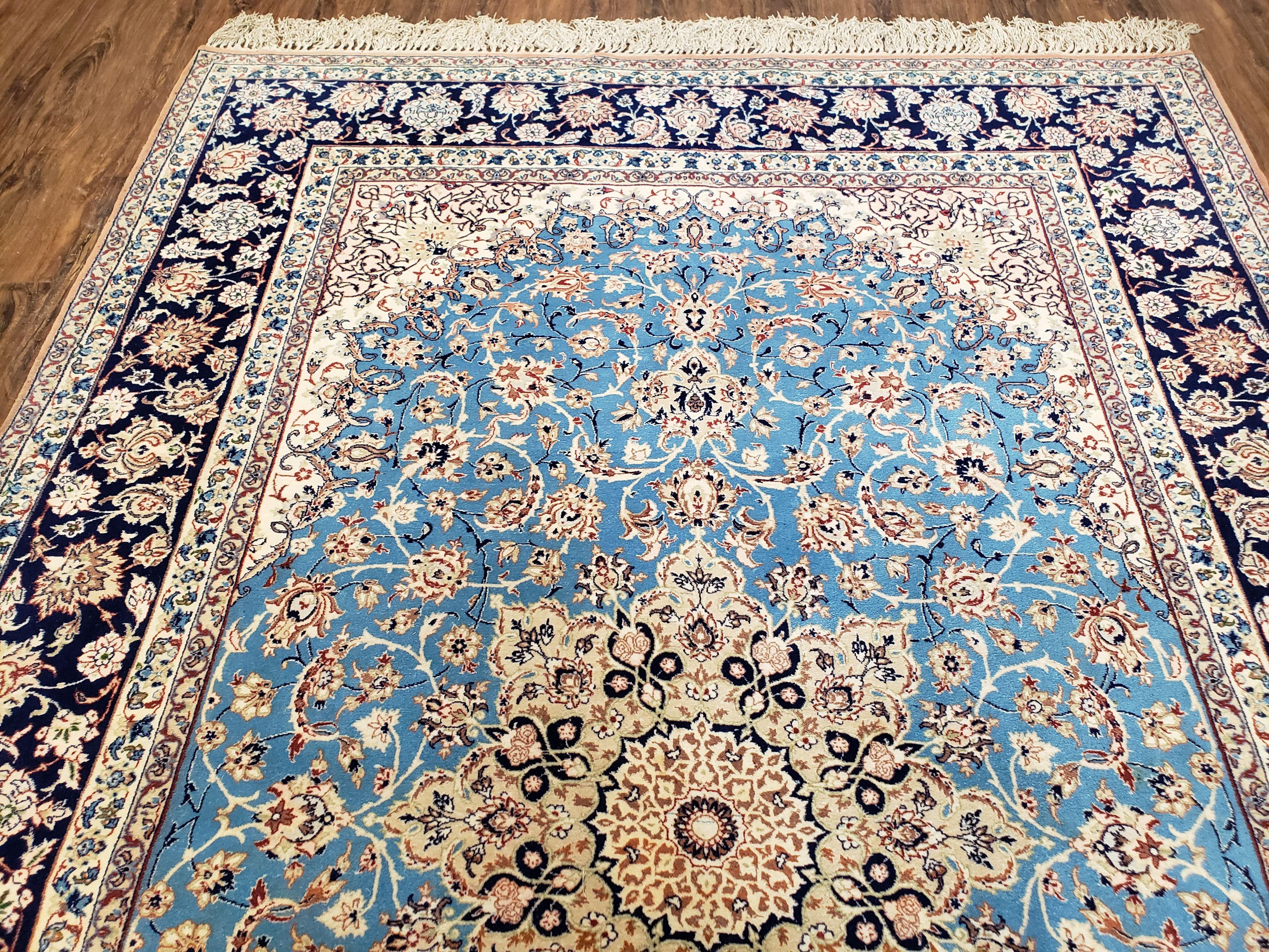Persian Isfahan Rug, Kork Wool on Silk Foundation, Sky Blue, Hand-Knotted, 5' 1" x 7' 8"