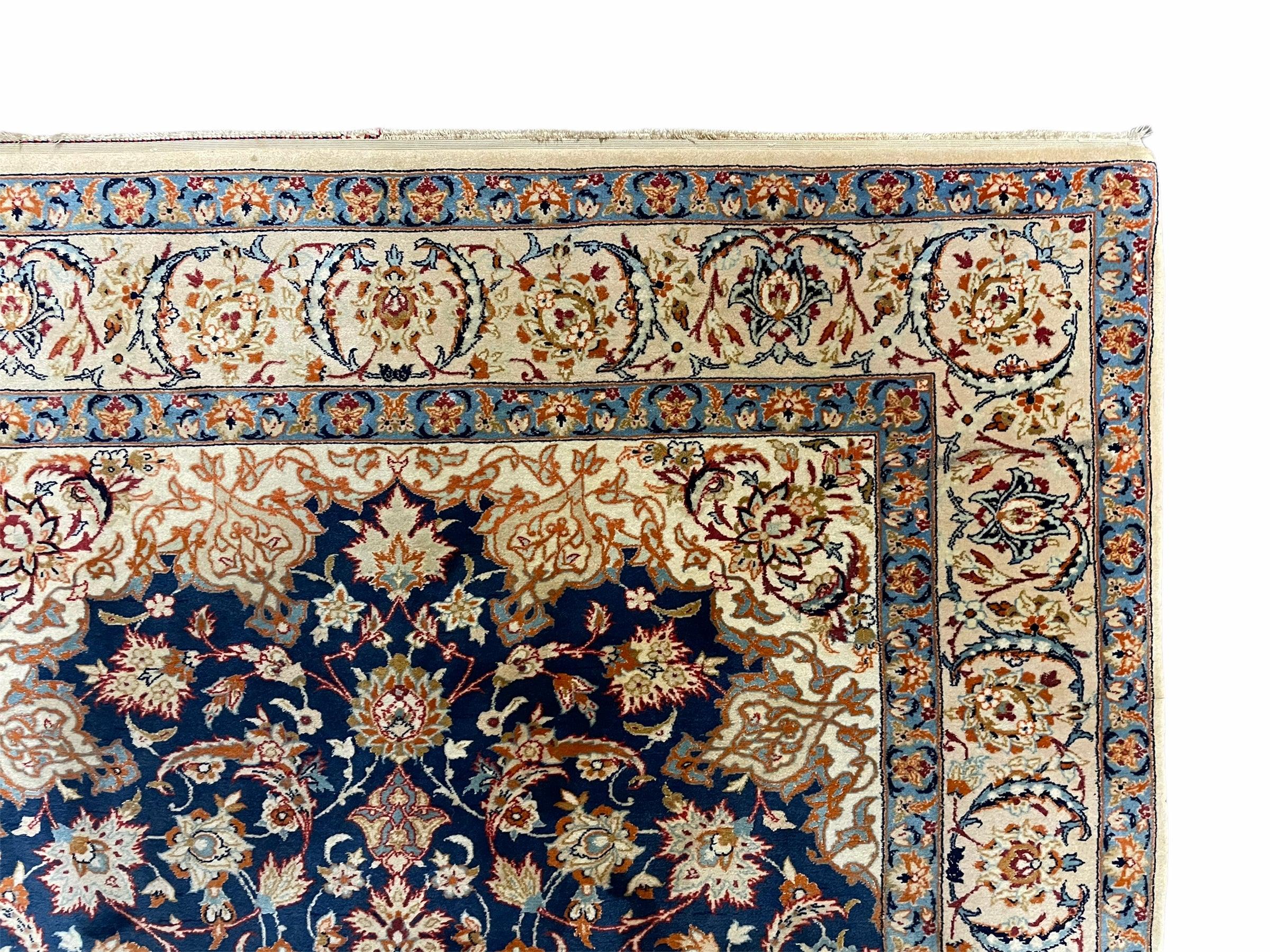 Persian Isfahan Rug 4x5, Navy Blue & Ivory, Wool and Silk Highlights