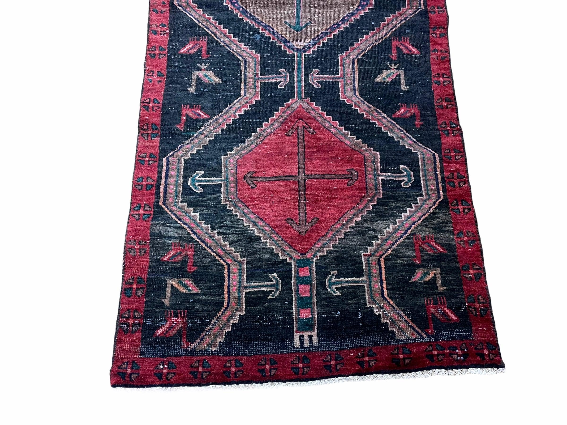 3 X 7 Handmade Wool Tribal Runner Rug Geometric Red Blue Boho Organic Dyes