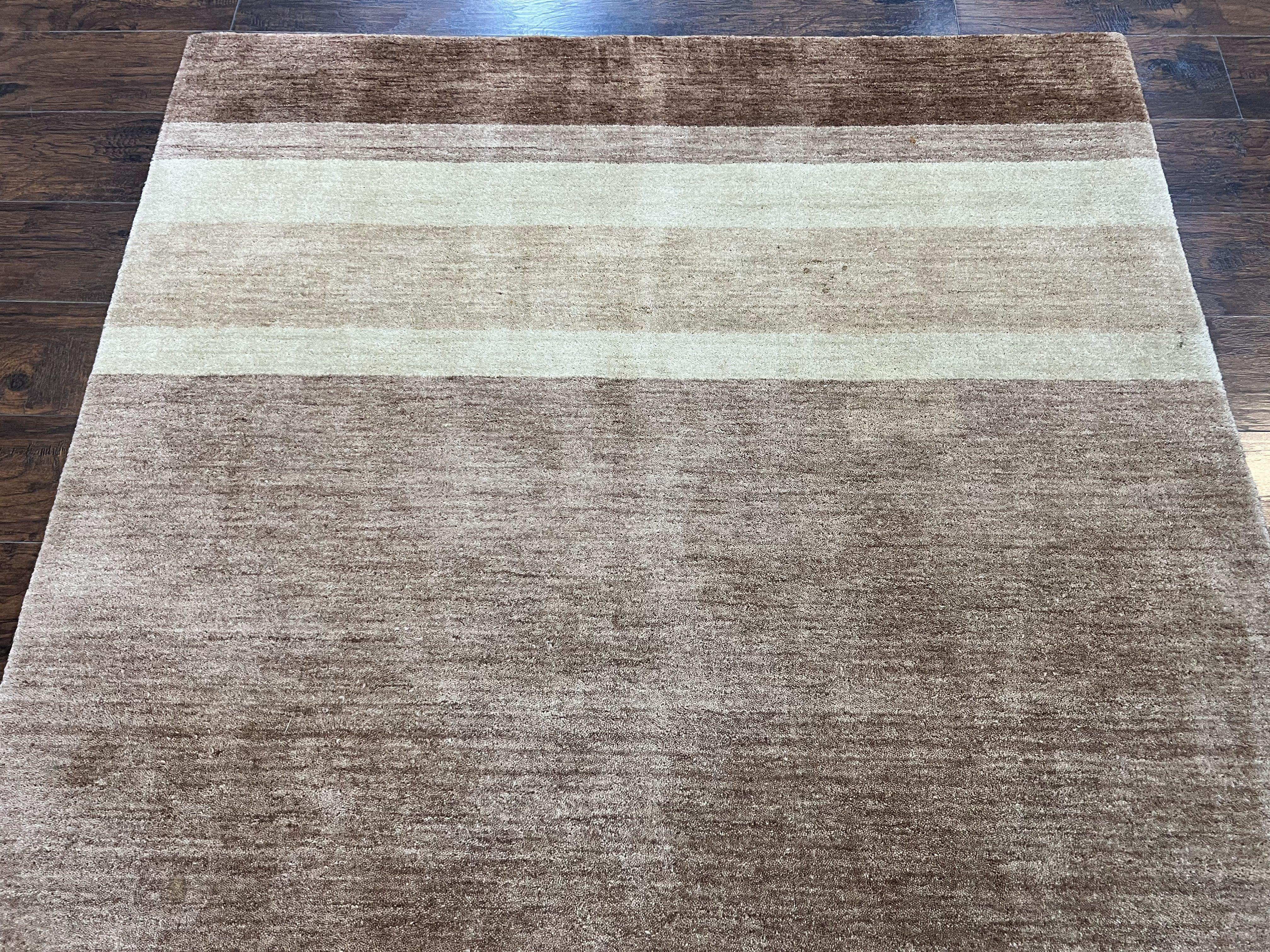 Indo Gabbeh Rug 5x8, Contemporary Wool Stripped Modern Area Rug, Hand Knotted Medium Sized Carpet