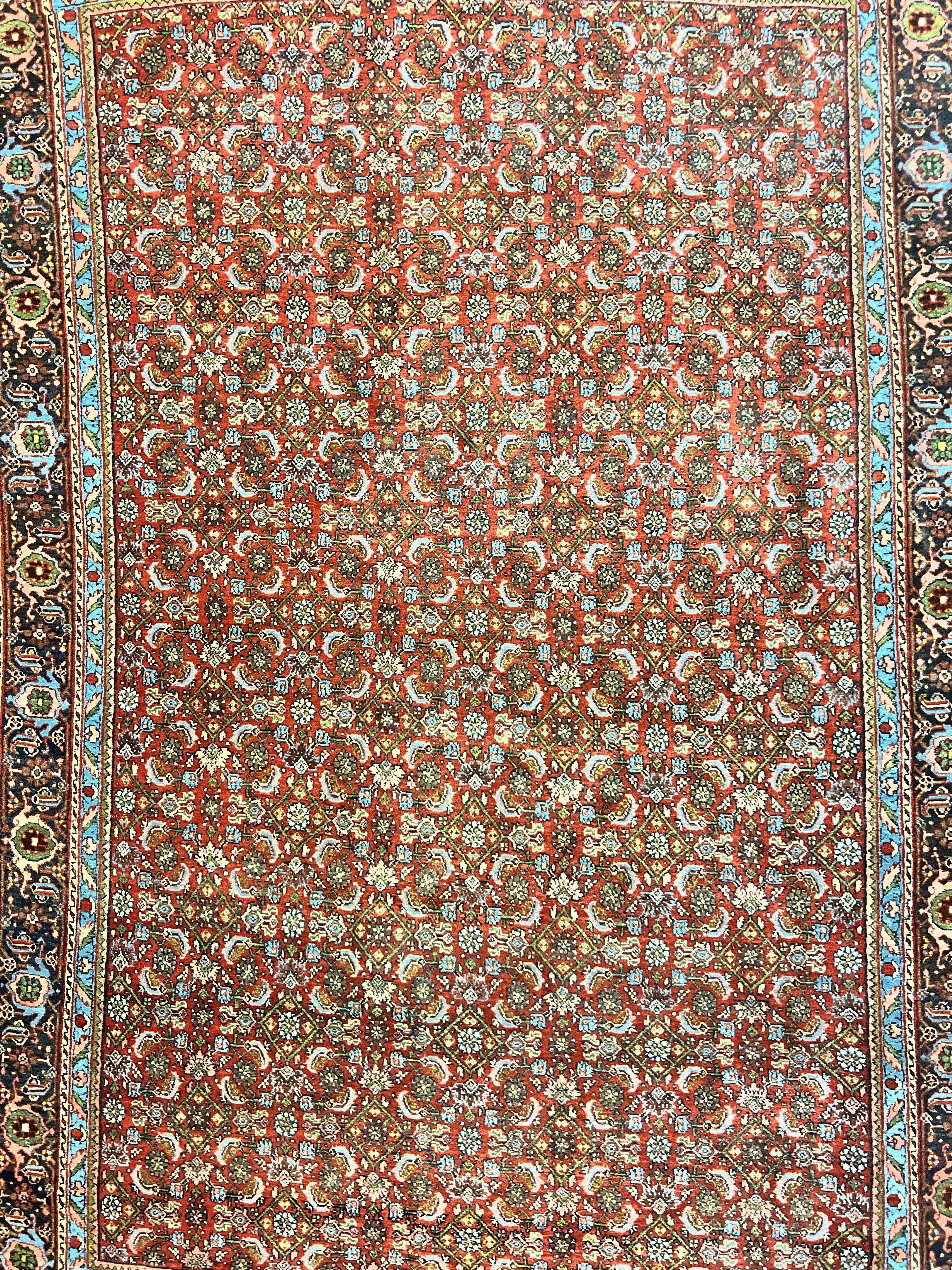 Antique Persian Bidjar Rug 5x7, Repeated Allover Herati Pattern, Red, Handmade Wool Carpet