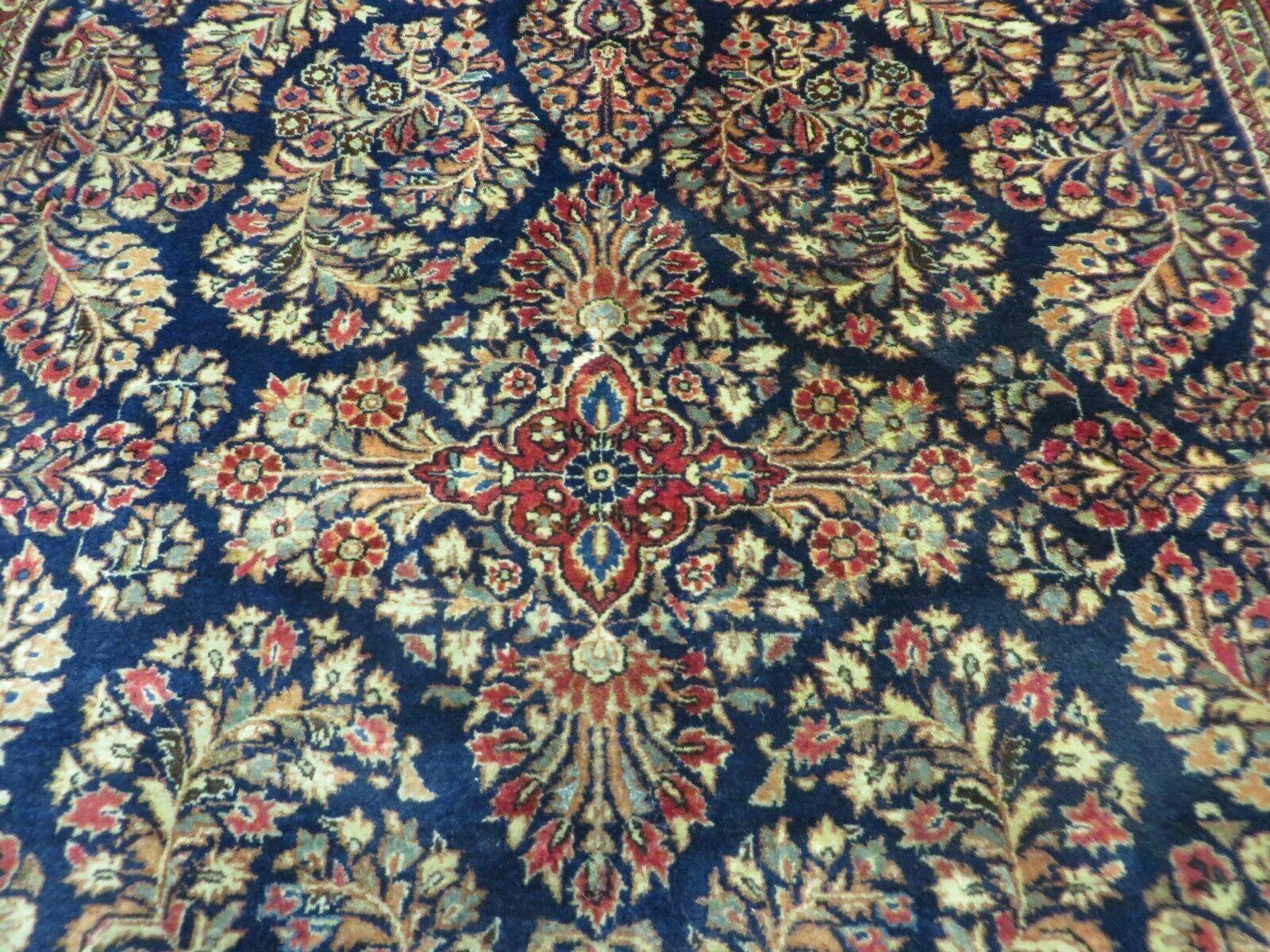 Antique Persian Sarouk Rug 4x6, Hand Knotted 1920s Oriental Carpet 4 x 6 ft, Navy Blue and Red Wool Rug, Handmade Floral Allover Persian Area Rug