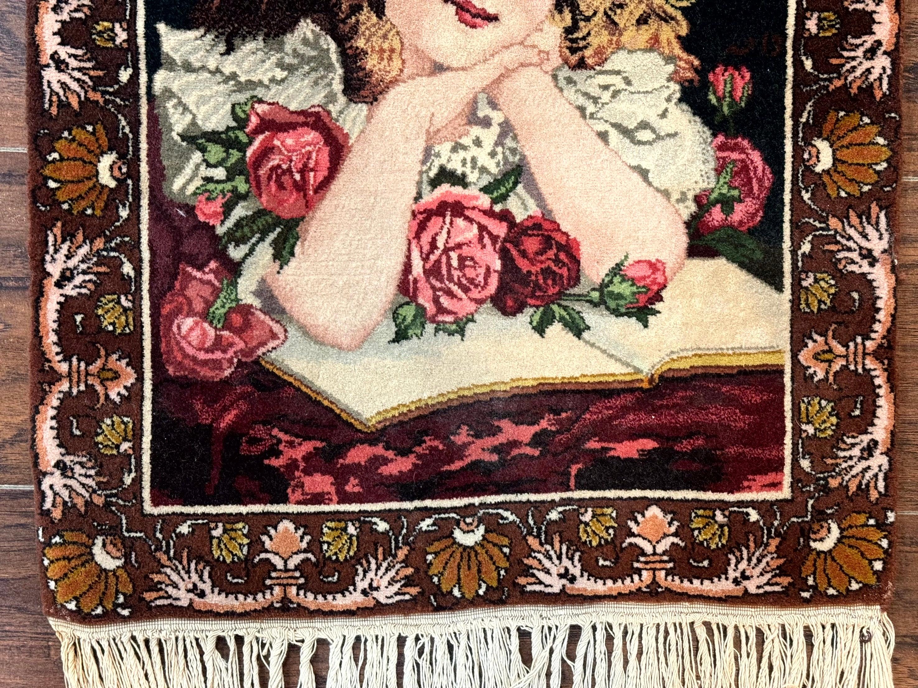 Small Persian Tabriz Pictorial Rug of Young Girl, Very Fine 380 KPSI, Portrait of Young Lady with Roses, Handmade, Persian Rug for Wall Hanging