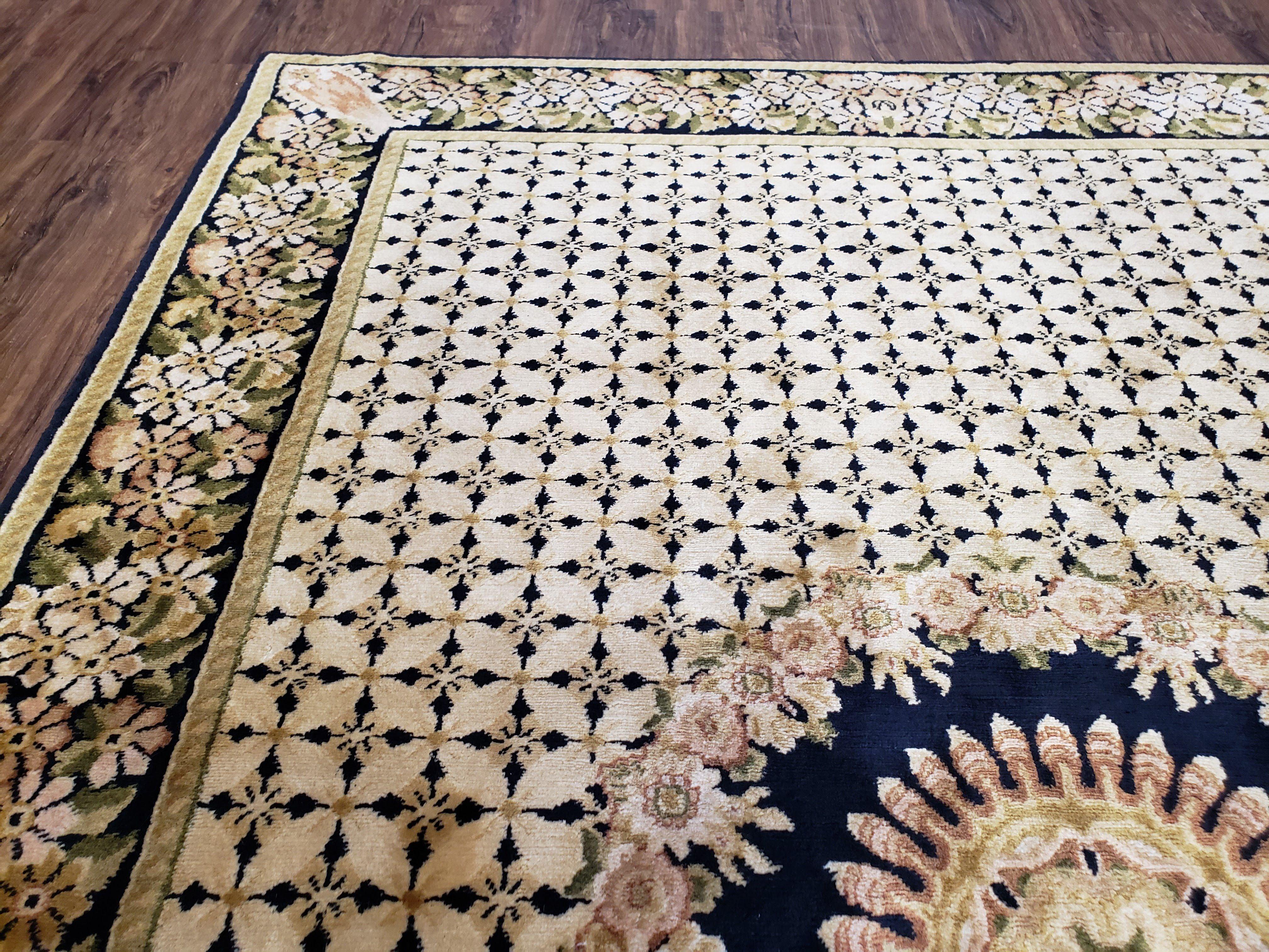 Indian Rug with Tibetan Weave, 6x8 - 6x9 Rugs, Indo-Tibetan Rug, Black and Cream Beige Tan, Floral Border, Soft Rug, Handmade Area Rug, Wool