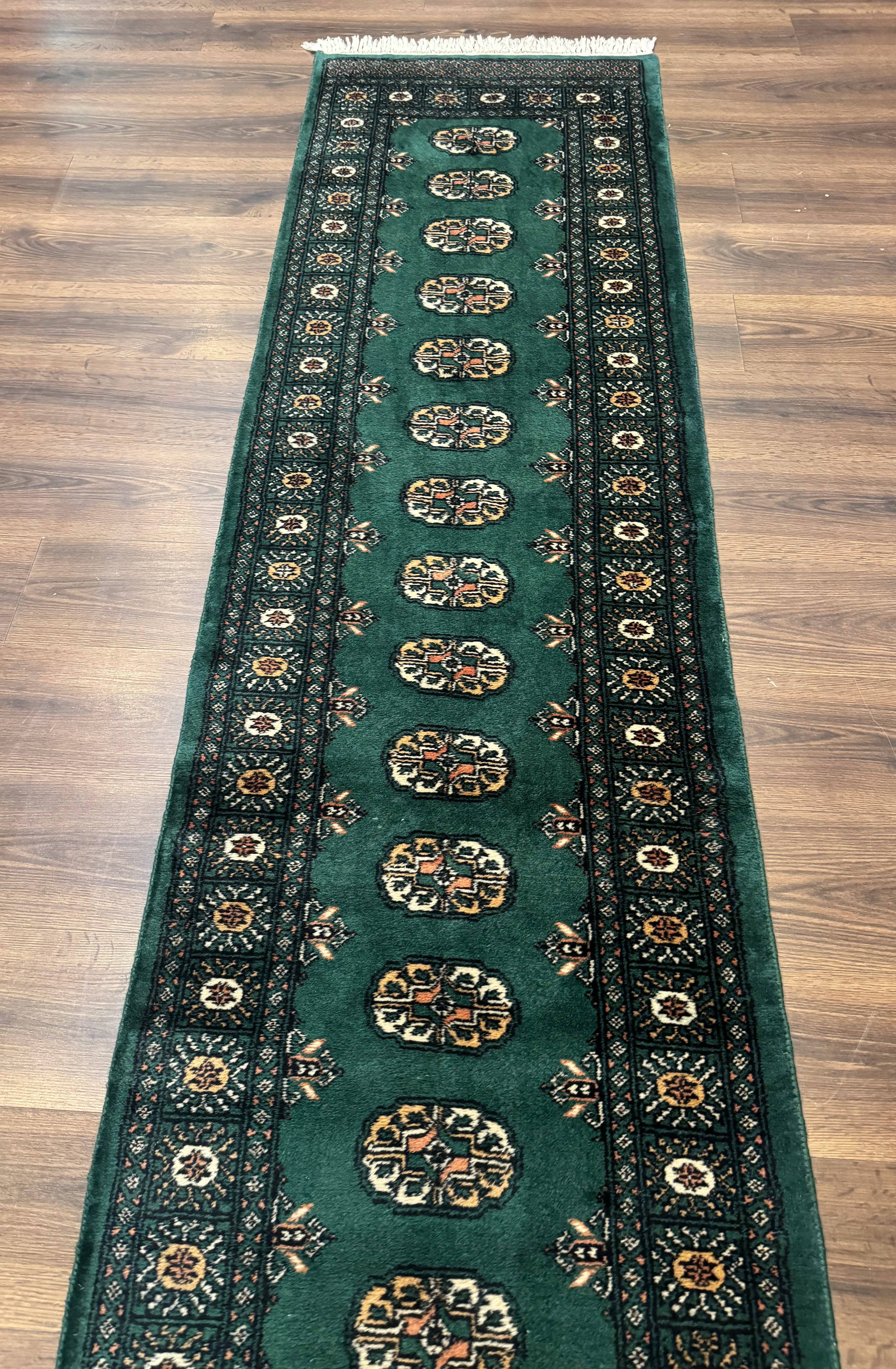 Pakistani Bokhara Runner Rug 2.5 x 11, Green Turkoman Wool Runner for Hallway