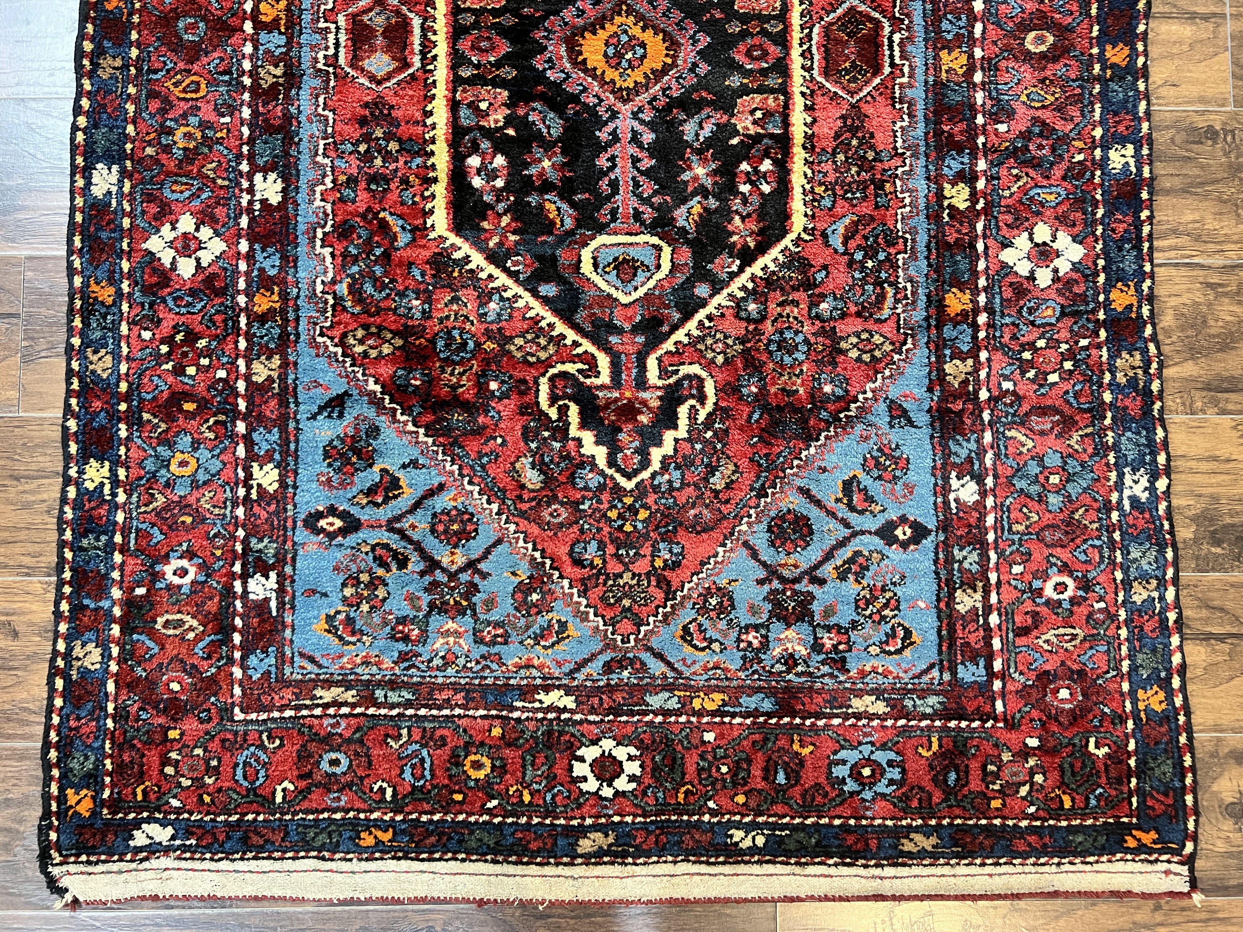Antique Persian Tribal Rug 4x7, Wool Handmade 1920s Carpet, Red Blue, Persian Hamadan Rug