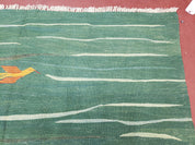 Green Turkish Kilim Rug, 6x9 - 7x10 Rugs, Bird, Handmade New Area Rug, Wool, Bohemian Boho Decor, Hand Woven, Modern Abstract Flat Weave Rug