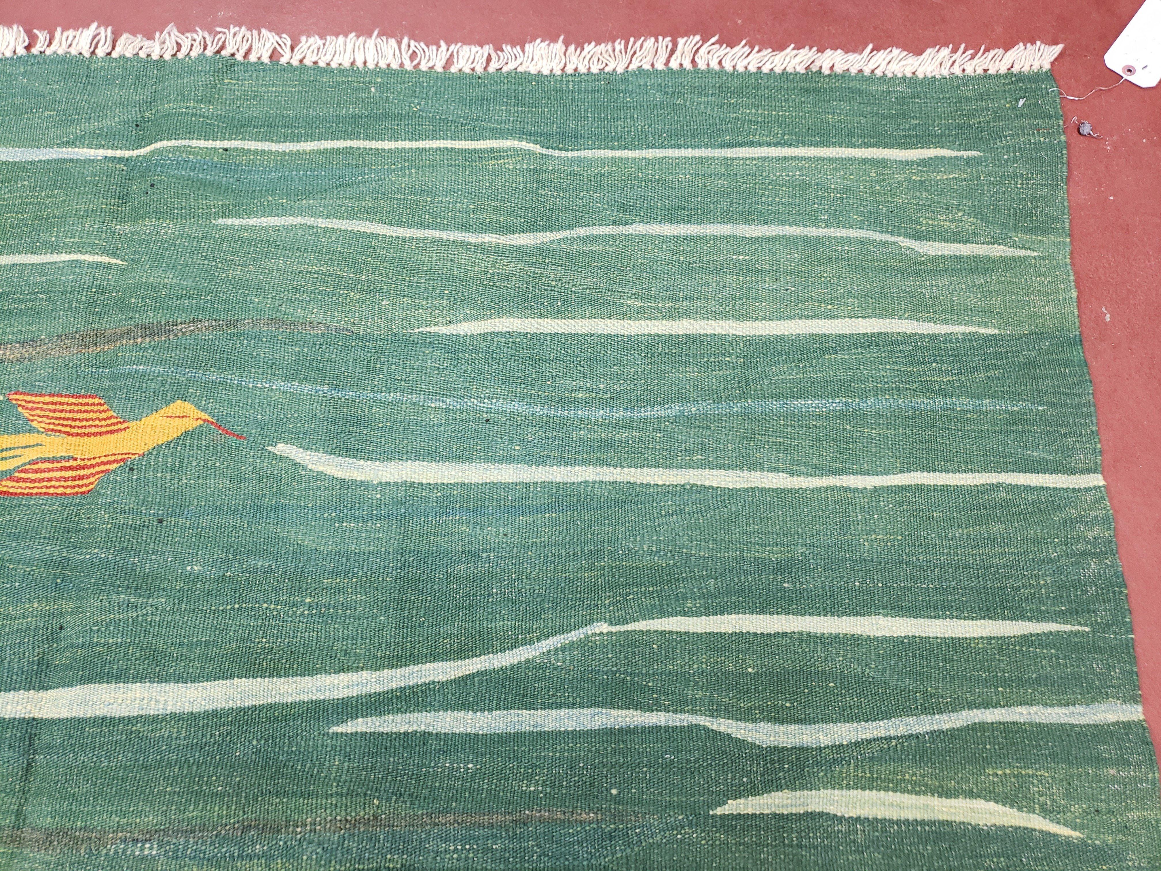 Green Turkish Kilim Rug, 6x9 - 7x10 Rugs, Bird, Handmade New Area Rug, Wool, Bohemian Boho Decor, Hand Woven, Modern Abstract Flat Weave Rug