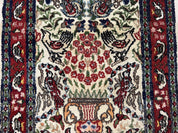 Small Indo Persian Rug 2x3 ft, Wool with Silk Highlights, Animal Pictorial Motifs Birds Vase Flowers, Cream and Maroon, Hand Knotted Fine
