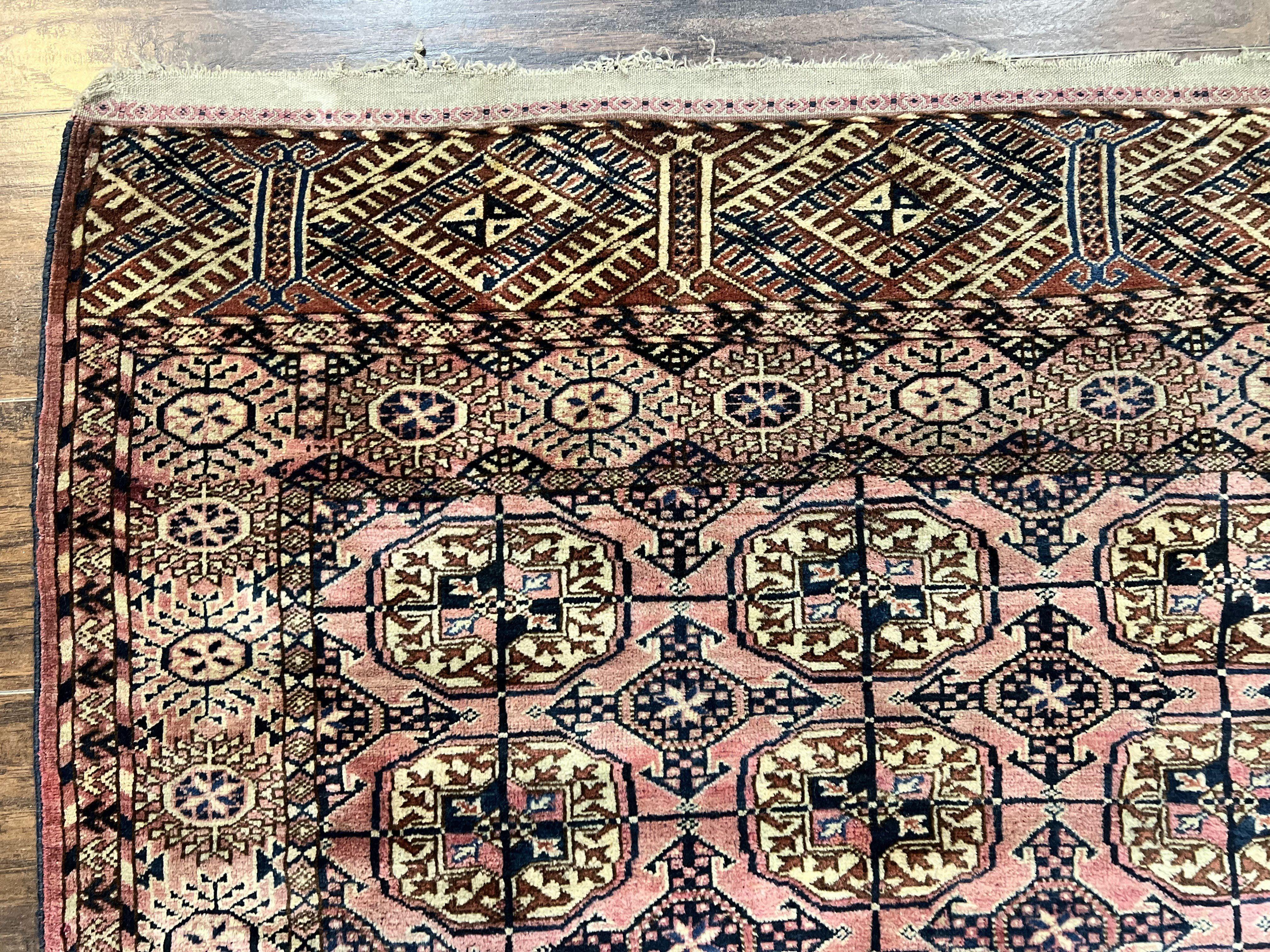 Persian Turkoman Rug 4x6, Wool Hand Knotted Antique Bokhara Carpet, Red Pink, Handmade Tribal Oriental Rug 4 x 6 ft