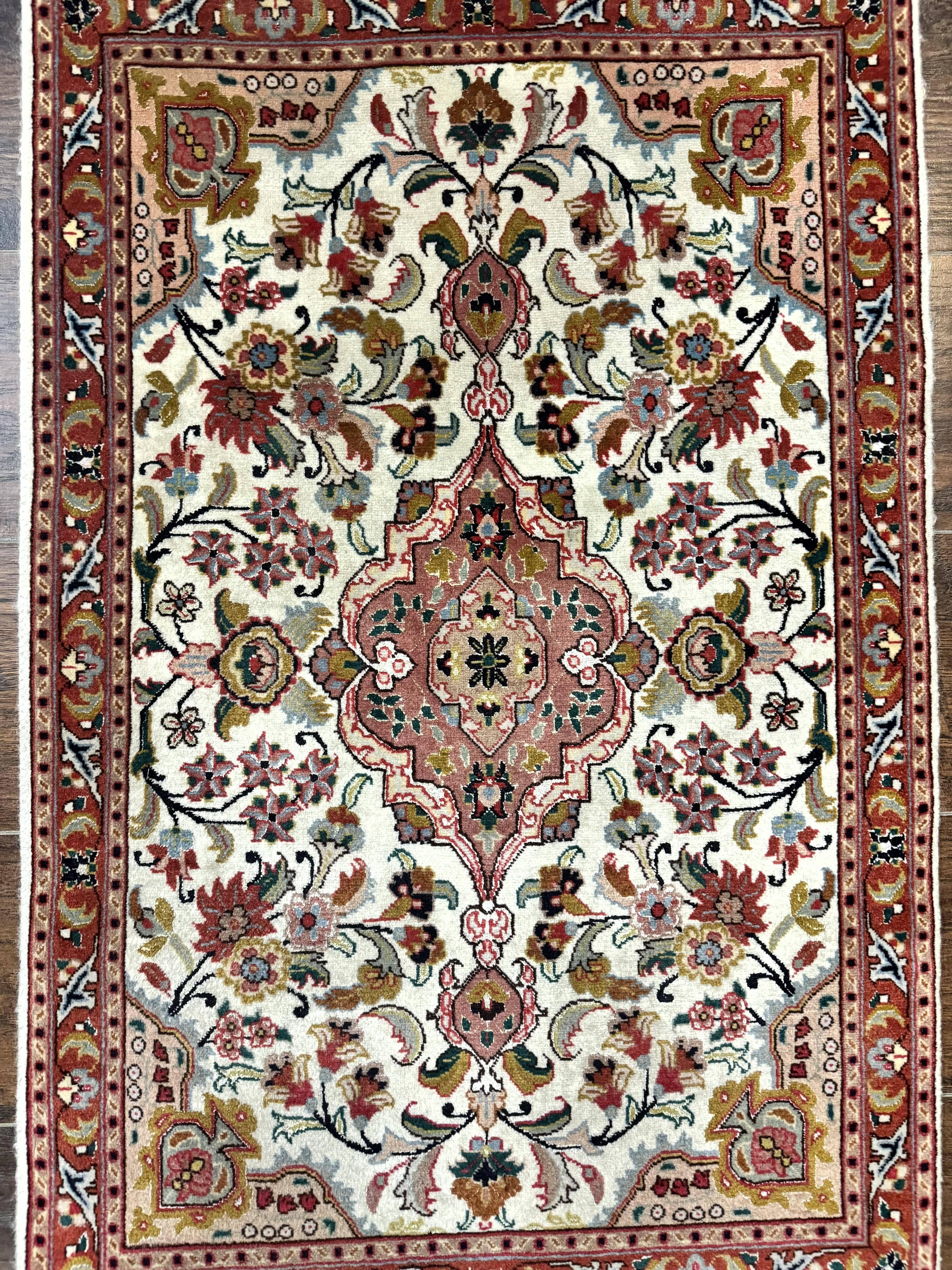 Small Persian Tabriz Rug 2x3, Floral Medallion, Wool and Silk, 340 KPSI
