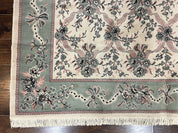 Belgium Power Loomed Rug 8x11, Ivory and Green, Wool Carpet, Floral