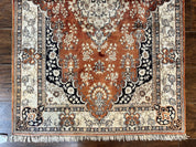 Turkish Silk Rug 3x5, Very Fine 400 KPSI, Floral Medallion, Handmade Hand Knotted Silk on Silk Oriental Carpet